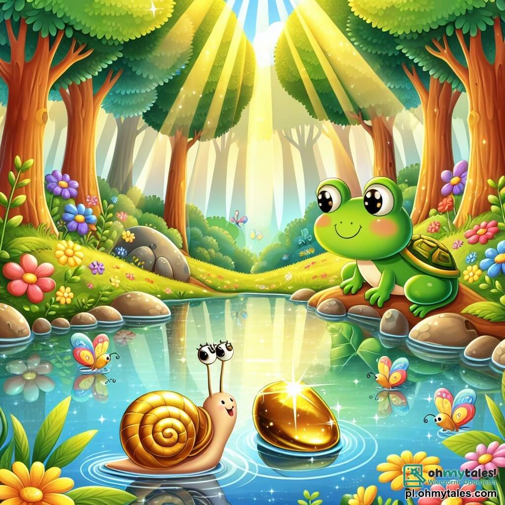 Ilustracja przedstawiająca magiczną scenę nad błyszczącym stawem, otoczonym dużymi drzewami z jasnymi zielonymi liśćmi i kolorowymi kwiatami tańczącymi na wietrze. Na pierwszym planie mały ślimak z spiralnie złotą muszlą i błyszczącymi oczami pełnymi ekscytacji, powoli przesuwa się w kierunku błyszczącego złotego kamienia, który leży na dnie wody. Obok niego radosna zielona żaba, z dużymi okrągłymi oczami i gładką skórą, z ciekawością obserwuje, gotowa zachęcić ślimaka w jego poszukiwaniach. Główna scena pokazuje, jak ślimak pochyla się nad wodą, zachwycony pięknem kamienia, podczas gdy promienie słońca filtrują przez gałęzie, tworząc złote refleksy na powierzchni stawu. Kolorowe ważki latają wokół, dodając odrobinę magii tej przygodzie w pełnej naturze.