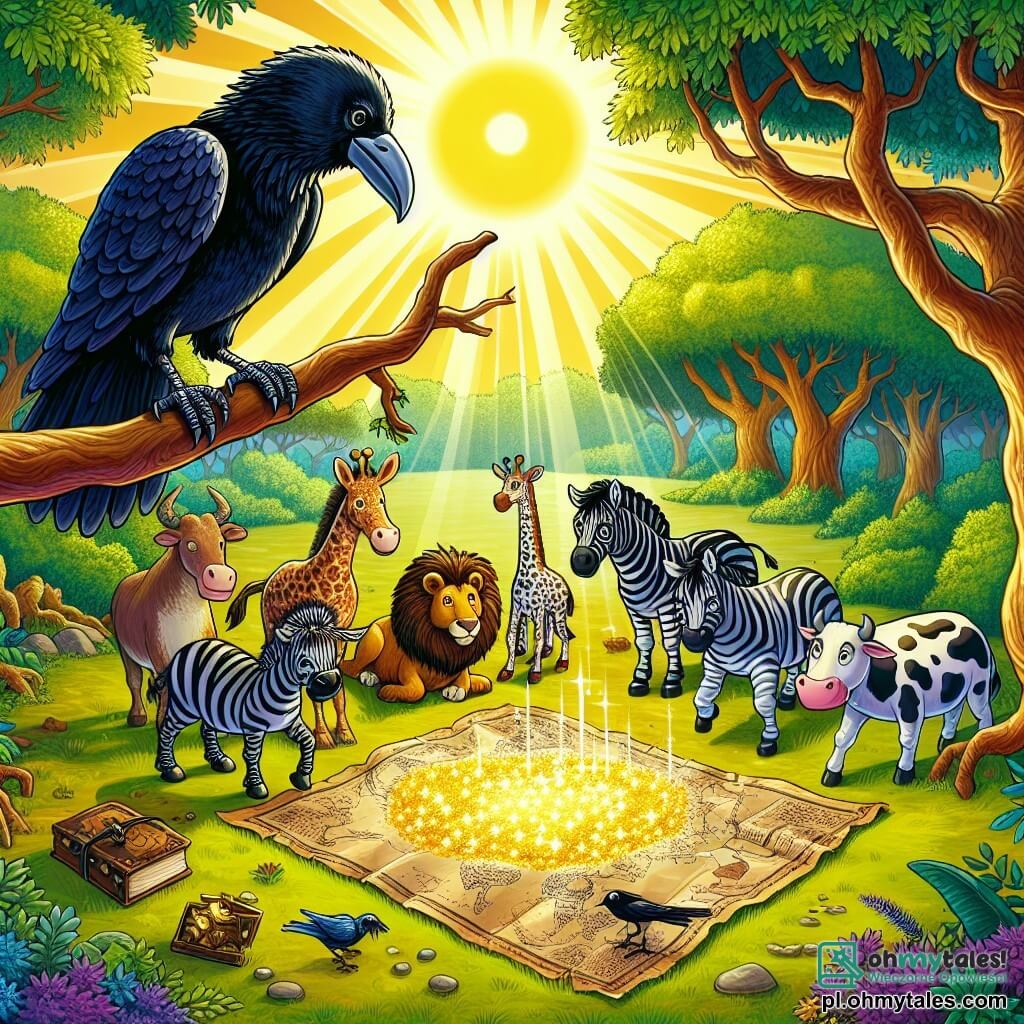 Une illustration sous forme de dessin destinée aux enfants représentant une clairière ensoleillée au cœur d'une forêt verdoyante, où un majestueux corbeau aux plumes noires brillantes se tient sur une branche d'arbre, observant avec curiosité un groupe d'animaux, dont un zèbre aux rayures éclatantes et une vache au pelage tacheté, qui se rassemblent autour d'un scintillant trésor doré, symbolisant l'amitié et le partage, tandis qu'une carte ancienne est étalée sur le sol, indiquant une aventure magique à venir.