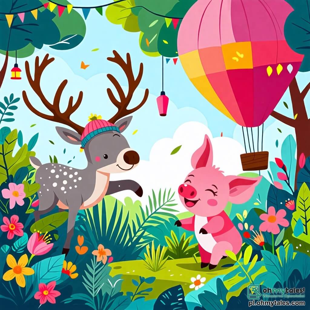 Ilustracja przedstawiająca magiczną scenę w kolorowym zoo, gdzie zwierzęta są otoczone bujną zielenią i jaskrawymi kwiatami. W centrum skacze ranny o srebrnoszarym futrze i dużych majestatycznych rogach, noszący zabawną czapkę, radośnie wyskakując z krzaka, jego oczy błyszczące ciekawością i ekscytacją. Obok niego mała różowa świnka morska z figlarnymi oczami, trzymająca marchewkę w łapkach, śmieje się na jego widok. W tle drzewa z jasnozielonymi liśćmi i wiszące latarnie oświetlają scenę, podczas gdy duży kolorowy balon unosi się w powietrzu, gotowy do złapania. Atmosfera jest pełna radości i przygody, z migoczącymi gwiazdami na nocnym niebie, przywołując ducha nocy odkryć i wspólnie dzielonych śmiechów wśród przyjaciół.