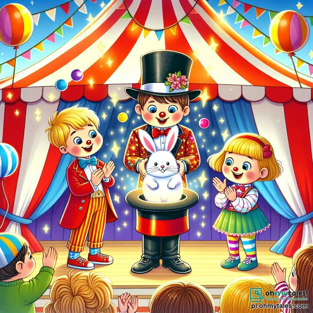 Une illustration sous forme de dessin destinée aux enfants représentant un cirque coloré avec un grand chapiteau rayé de rouge et blanc, où un groupe d'enfants de 7 ans, deux garçons aux cheveux blonds et une fille aux cheveux bruns, se tient émerveillé, applaudissant un magicien en costume scintillant, qui fait apparaître un grand lapin blanc de son chapeau, tandis qu'un clown aux cheveux ébouriffés et au nez rouge jongle joyeusement avec des balles multicolores à l'arrière-plan, créant une atmosphère magique et festive.