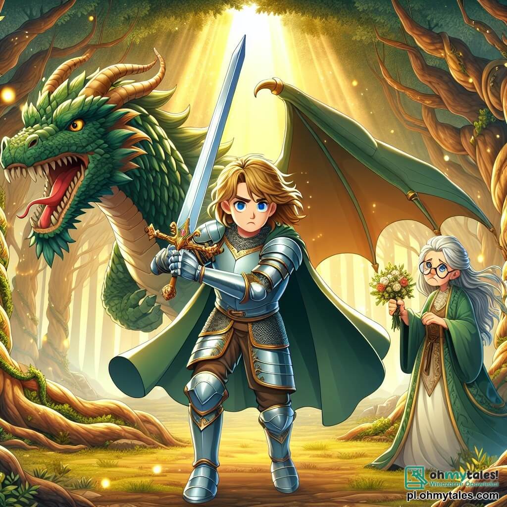 Une illustration sous forme de dessin destinée aux enfants représentant une scène épique dans une forêt enchantée, où un jeune homme aux longs cheveux dorés et aux yeux bleus, vêtu d'une armure brillante, brandit un épée argentée contre un dragon colossal aux écailles vertes, tandis qu'une vieille sorcière aux cheveux gris et à la robe tissée de feuilles observe la scène avec une expression inquiète, le tout baigné dans une lumière dorée filtrée par les arbres majestueux, symbolisant le courage et l'amitié dans un monde de magie.