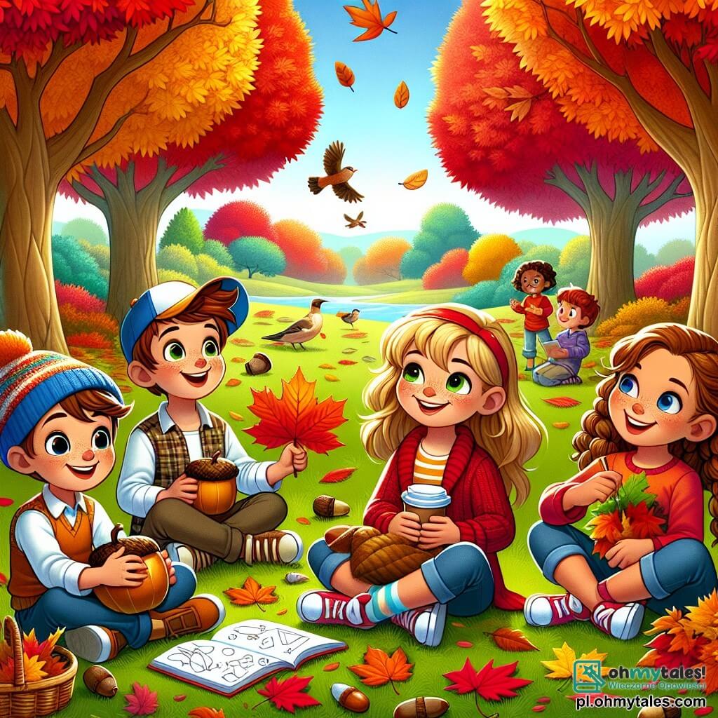 Ilustracja przedstawiająca wspaniały park jesienią, gdzie drzewa są ozdobione płomiennymi liśćmi w odcieniach czerwieni, pomarańczu i żółci. Na środku sceny czteroosobowa grupa dzieci zebrana na trawie pokrytej opadłymi liśćmi tworzy radosną i kolorową atmosferę. Chłopiec w wieku około 8 lat, z brązowymi włosami i niebieską czapką, uśmiecha się, trzymając w ręku dużego żołędzia. Obok niego dziewczynka w wieku 7 lat, z blond warkoczykami, promienieje, trzymając bukiet kolorowych liści. Inny chłopiec, mający 9 lat, w okularach i z kasztanowymi włosami, siedzi na trawie, rysując kształty w zeszycie. Na końcu dziewczynka w wieku 8 lat, z kręconymi włosami i czerwoną bluzą, z zachwytem rozgląda się wokół, trzymając kubek gorącej czekolady. Główna sytuacja ukazuje dzieci dzielące się swoimi jesiennymi odkryciami, śmiejąc się i bawiąc razem, otoczone pięknem natury. W tle ptaki latają po jasnoniebieskim niebie, a kilka białych chmur delikatnie unosi się, dodając magii temu jesiennemu dniu. Dodatkowe elementy graficzne obejmują kolorowe grzyby, dekoracyjne dynie i wijącą się ścieżkę gruntową przez park, zachęcającą do eksploracji.