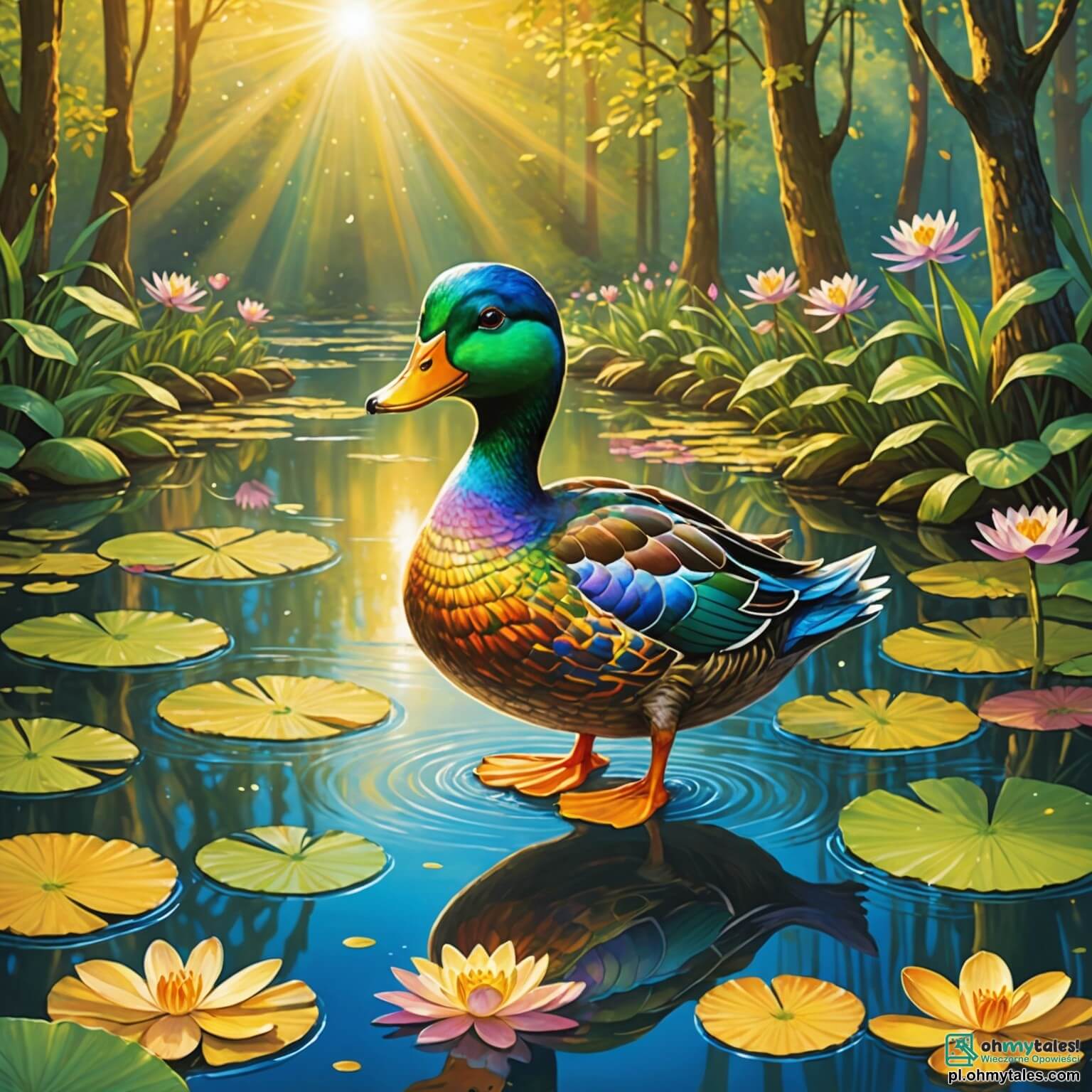 Une illustration destinée aux enfants représentant un canard au plumage éclatant comme un arc-en-ciel, aux yeux pétillants de curiosité, se tenant fièrement sur la berge d'un étang scintillant sous les rayons dorés du soleil, entouré de nénuphars aux fleurs délicates et parfumées, tandis qu'il s'apprête à partir à l'aventure avec son ami le sage tortue au dos ridé, dans une forêt enchantée où les arbres majestueux, aux troncs noueux et aux feuilles bruissantes, forment un toit verdoyant, créant une atmosphère magique pleine de promesses et de mystères à explorer.