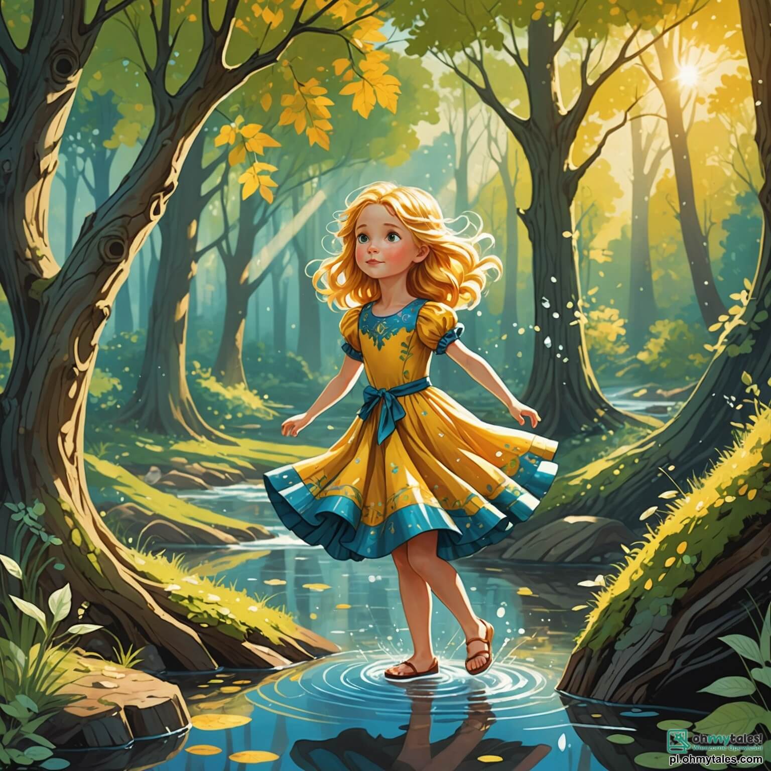 Une illustration destinée aux enfants représentant une petite fille aux cheveux dorés comme les rayons du soleil, vêtue d'une robe colorée qui virevolte autour d'elle, se tenant au bord d'une clairière enchantée où les arbres majestueux, aux troncs noueux et aux feuilles scintillantes, dansent doucement au gré du vent, tandis qu'elle observe avec émerveillement un petit ruisseau aux eaux cristallines serpentant entre des pierres lisses et brillantes, et où se reflètent les couleurs vives des fleurs sauvages qui bordent le chemin, alors qu'elle se prépare à découvrir la vérité sur le monde qui l'entoure, accompagnée de sa fidèle amie, une joyeuse wiewiórka aux yeux pétillants et au pelage soyeux, et de la sage chouette aux plumes argentées, perchée sur une branche, qui lui murmure des conseils sur les mystères de la vie et les défis à relever.