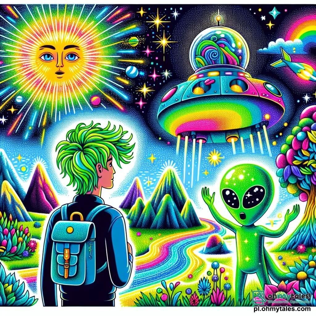 Une illustration destinée aux enfants représentant un homme à la chevelure verdoyante, scintillante comme l'herbe sous un soleil radieux, se tenant avec émerveillement devant une machine spatiale colorée, tandis qu'un guide extraterrestre, une créature aux yeux pétillants et au corps chatoyant, l'encourage à explorer une planète fantastique où les arbres flottent dans les airs, recouverts de fleurs luminescentes, et où des rivières d'eau arc-en-ciel serpentent entre des montagnes étincelantes, le tout sous un ciel rempli d'étoiles brillantes et de planètes colorées.