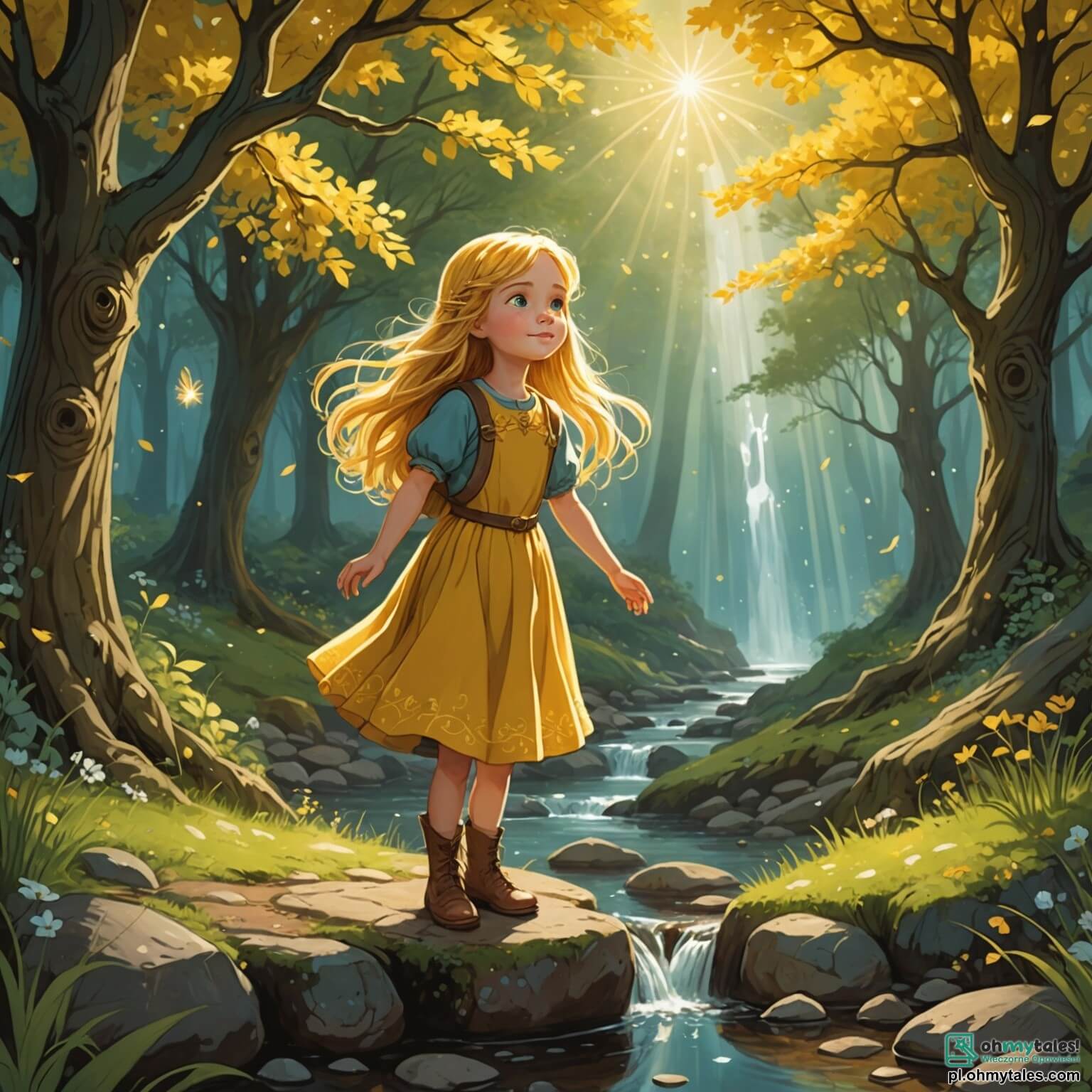 Une illustration destinée aux enfants représentant une petite fille aux yeux pétillants comme des étoiles scintillantes, aux cheveux dorés flottant comme des rayons de soleil, se tenant au bord d'une clairière enchantée, où des arbres majestueux aux troncs noueux s'élèvent vers le ciel, leurs feuilles dansant au gré du vent, tandis qu'un ruisseau murmure des secrets entre des pierres lisses et brillantes, et où elle rencontre un sage hibou aux plumes argentées, qui lui prodigue des conseils précieux sur la valeur de l'amitié et de l'amour, alors qu'elle se lance dans une quête magique pour découvrir le sens de ses rêves et des vérités cachées dans ce monde féerique.