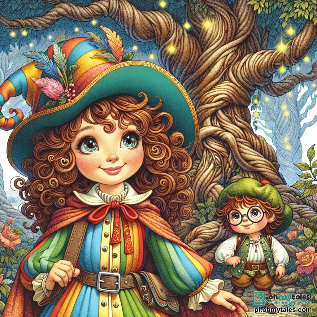 Une illustration destinée aux enfants représentant une petite fille aux cheveux bouclés et aux yeux pétillants, vêtue d'une tunique colorée et d'un chapeau d'aventurière, se tenant courageusement au bord d'une forêt enchantée, où les arbres majestueux aux troncs noueux et aux feuilles scintillantes dansent sous le souffle du vent, tandis qu'un petit garçon aux lunettes rondes et au sourire malicieux, son fidèle ami, l'observe avec admiration, prêt à l'accompagner dans leur quête pour découvrir une mystérieuse plante magique cachée au cœur de ce monde féerique.