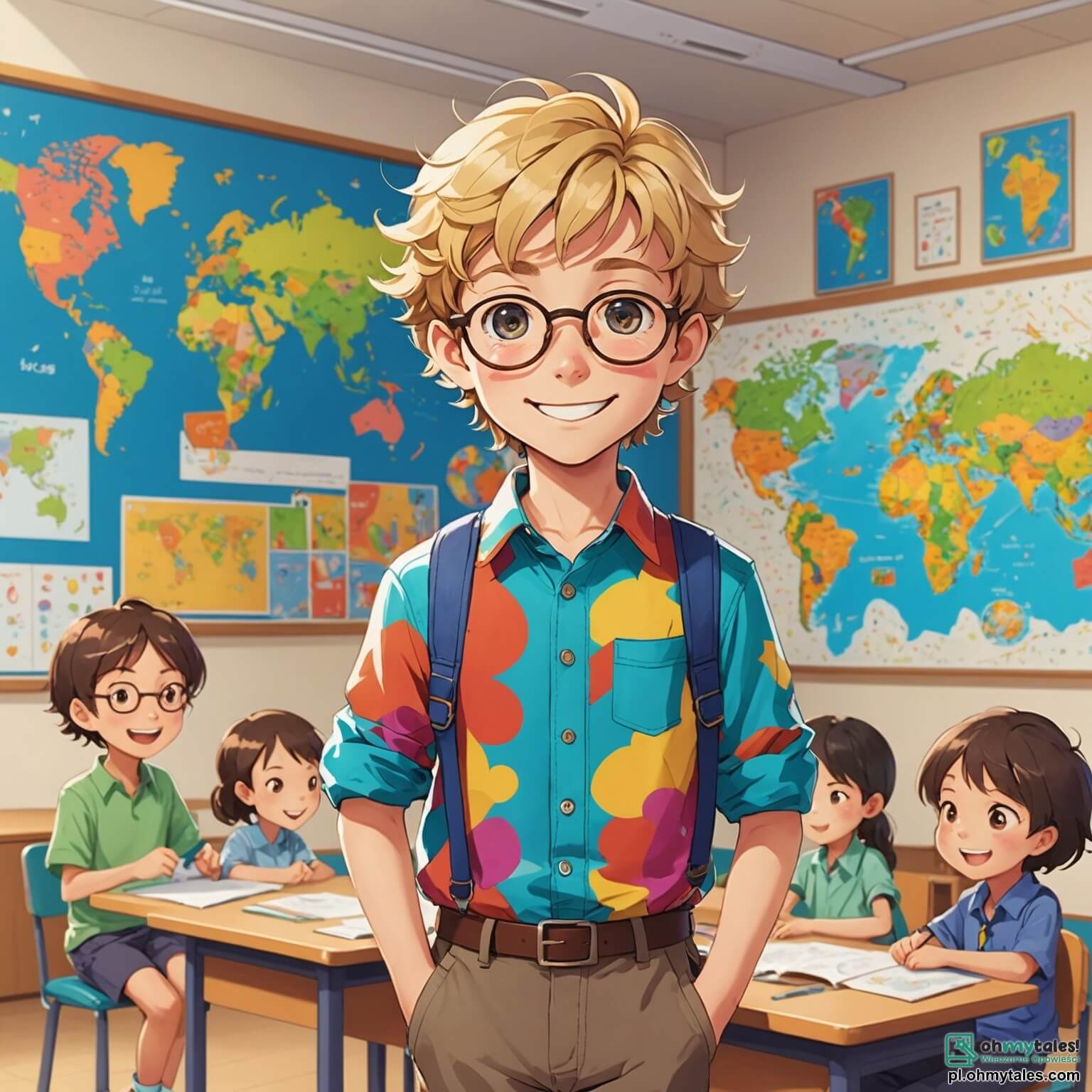 Une illustration destinée aux enfants représentant un homme au sourire chaleureux et aux yeux pétillants, vêtu d'une chemise colorée et d'un pantalon en toile, se tenant devant une classe lumineuse aux murs ornés de dessins d'enfants et de cartes du monde, où des élèves curieux et enthousiastes, comprenant une fille aux cheveux blonds et une autre aux boucles brunes, ainsi qu'un garçon timide aux lunettes, s'apprêtent à découvrir les merveilles de l'apprentissage à travers des jeux et des histoires captivantes, dans une école située au cœur d'un petit village, entourée de jardins fleuris et de grands arbres qui dansent doucement sous le souffle du vent.