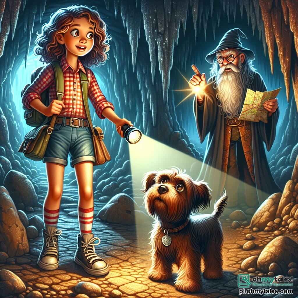 Une illustration sous forme de dessin destinée aux enfants représentant une grotte mystérieuse aux parois scintillantes, où une jeune fille aux cheveux bruns et bouclés, vêtue d'une chemise à carreaux et d'un short, tient une lampe torche dans une main et une carte dans l'autre, tandis qu'à ses côtés, un petit terrier brin marron, aux yeux vifs, renifle le sol avec curiosité, alors qu'ils se tiennent face à un vieux sorcier au visage ridé et à la longue barbe, qui les défie avec un sourire malicieux, dans une ambiance d'aventure et de mystère, où la jeune exploratrice tente de résoudre une énigme pour accéder à un trésor caché.