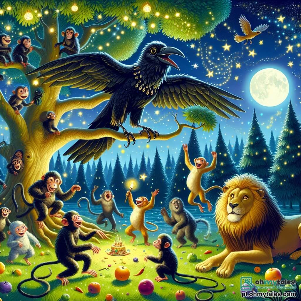 Ilustracja przedstawiająca nocną scenę w jasnym parku, gdzie majestatyczne drzewa z zielonymi i złotymi liśćmi wznoszą się pod gwiaździstym niebem. W centrum obrazu czarny kruk z błyszczącym upierzeniem i iskierkami figlarności w oczach, siedzący na gałęzi, śmieje się, trzymając małą latarkę, która oświetla jego figlarną twarz. Wokół niego tańczy radośnie kilka zwierząt, w tym małpy o jasnobrązowym futrze i bystrych oczach, podczas gdy lew o złotym futrze, leżący na trawie, obserwuje scenę z uśmiechem. W tle migoczą gwiazdy, a pełnia księżyca oświetla grupę, tworząc magiczną i radosną atmosferę. Kolorowe owoce są rozsypane na trawie, świadcząc o improwizowanej imprezie, podczas gdy nuty muzyki unoszą się w powietrzu, dodając radości tej nocnej przygodzie.