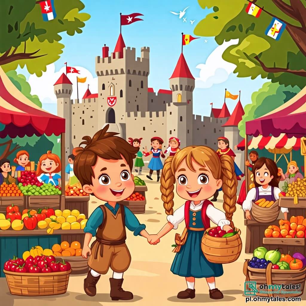 Ilustracja przedstawiająca tętniący życiem średniowieczny targ, z kolorowymi straganami pełnymi owoców, warzyw i drewnianych zabawek. W tle majestatycznie wznosi się duży kamienny zamek, z flagami powiewającymi na wietrze i ludźmi w strojach z epoki tańczącymi radośnie. Na pierwszym planie pięcioletni chłopiec z rozczochranymi brązowymi włosami i błyszczącymi z ciekawości oczami trzyma rękę dziewczynki w tym samym wieku, z długimi warkoczami blond włosów i promiennym uśmiechem. Obok nich chłopiec z kasztanowymi włosami i kolorowym plecakiem patrzy z zachwytem, podczas gdy dziewczynka z kręconymi włosami i błyszczącymi oczami wykonuje taneczny gest, pełna energii. Scena uchwyca moment radości i ekscytacji, gdy dzieci, świeżo przybyłe z podróży w czasie, odkrywają średniowieczny festiwal odbywający się wokół nich. Kolorowe lampiony wiszą nad nimi, a muzycy grają na tradycyjnych instrumentach, dodając świątecznej atmosfery do ilustracji.