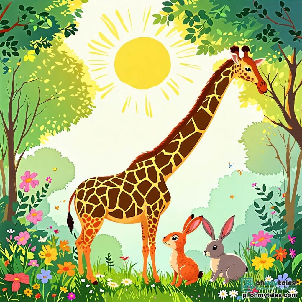 Une illustration sous forme de dessin destinée aux enfants représentant une forêt verdoyante baignée par la lumière du soleil, avec une girafe majestueuse au long cou tacheté, penchée pour admirer des fleurs colorées dans l'herbe, tandis qu'un petit lapin aux grandes oreilles et au pelage doux saute joyeusement à ses côtés, illustrant leur amitié naissante et leur découverte commune de la beauté de la nature.