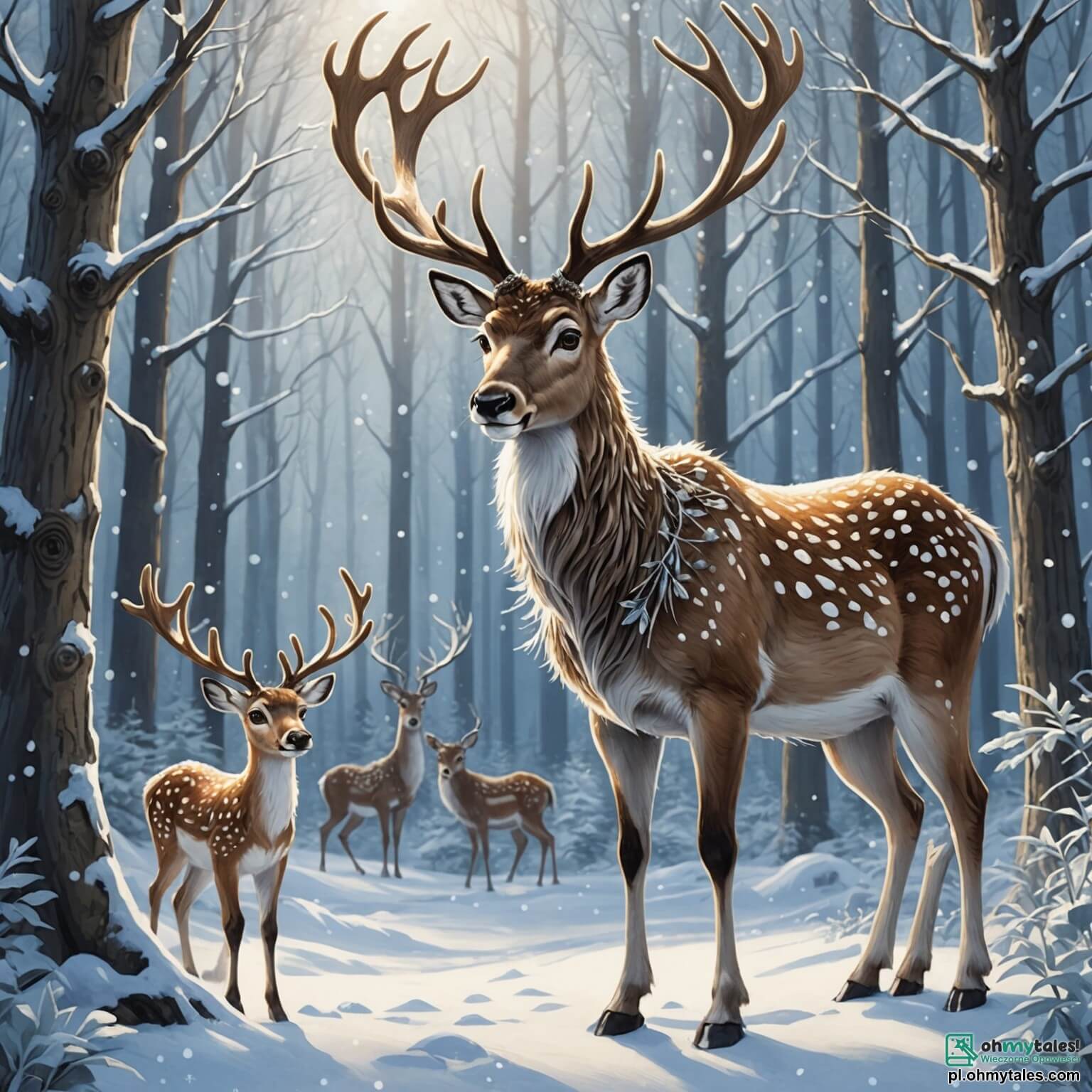 Une illustration destinée aux enfants représentant un majestueux renne au pelage scintillant comme la neige fraîchement tombée, aux grands yeux pétillants de curiosité, se tenant fièrement au cœur d'une forêt enchantée où les arbres, drapés de givre, s'élèvent tels des géants bienveillants, tandis que des flocons de neige dansent doucement dans l'air, et où, à ses côtés, un petit zèbre espiègle et une sage chouette aux plumes argentées l'encouragent à explorer les mystères cachés de ce royaume hivernal, où chaque pas pourrait révéler des trésors oubliés et des amitiés inattendues.