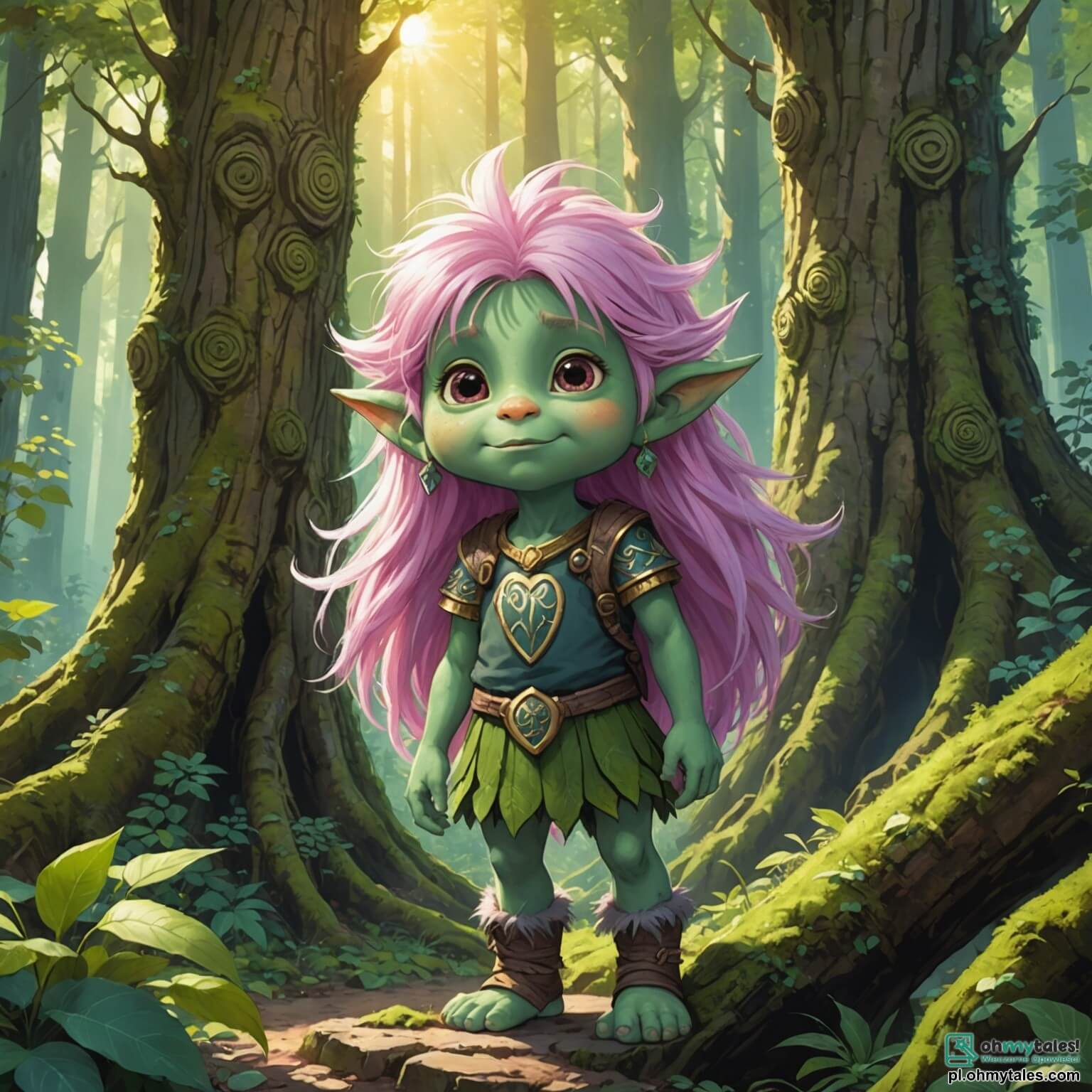 Une illustration destinée aux enfants représentant une petite troll au teint verdoyant, avec de grands yeux argentés pétillants de curiosité et de longs cheveux roses en désordre, se tenant au cœur d'une forêt enchantée où les arbres majestueux aux troncs épais s'élèvent comme des colonnes de pierre, leurs feuilles scintillant de mille feux sous les rayons dorés du soleil, tandis qu'elle se prépare à partir à l'aventure avec son meilleur ami, un garçon audacieux aux cheveux bruns en bataille et à la casquette verte, pour retrouver des joyaux magiques volés par un redoutable sorcier qui menace l'harmonie de leur monde féerique, où des créatures fantastiques comme des fées lumineuses et des animaux parlants peuplent les sous-bois fleuris et les clairières baignées de lumière.