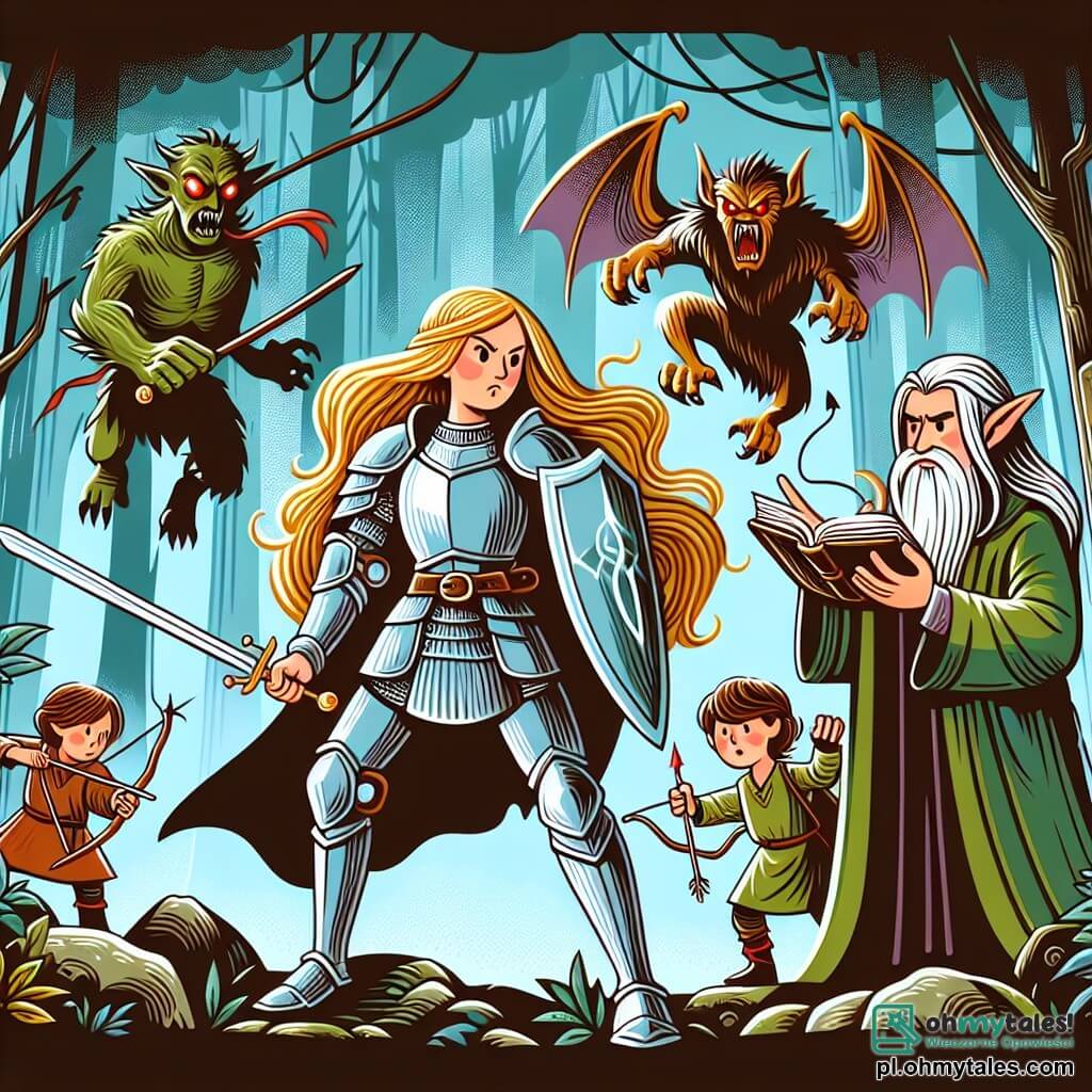 Une illustration sous forme de dessin destinée aux enfants représentant une scène épique dans une forêt enchantée, où une courageuse chevaleresse aux longs cheveux dorés, vêtue d'une armure scintillante, brandit son épée avec détermination face à un groupe de créatures monstrueuses aux yeux rouges menaçants, tandis qu'un jeune garçon aux cheveux bruns, armé d'un arc, se tient à ses côtés, prêt à défendre son amie, et une sage elfe aux oreilles pointues, vêtue d'une robe verte, murmure des incantations magiques pour les aider à triompher de l'obscurité qui les entoure.