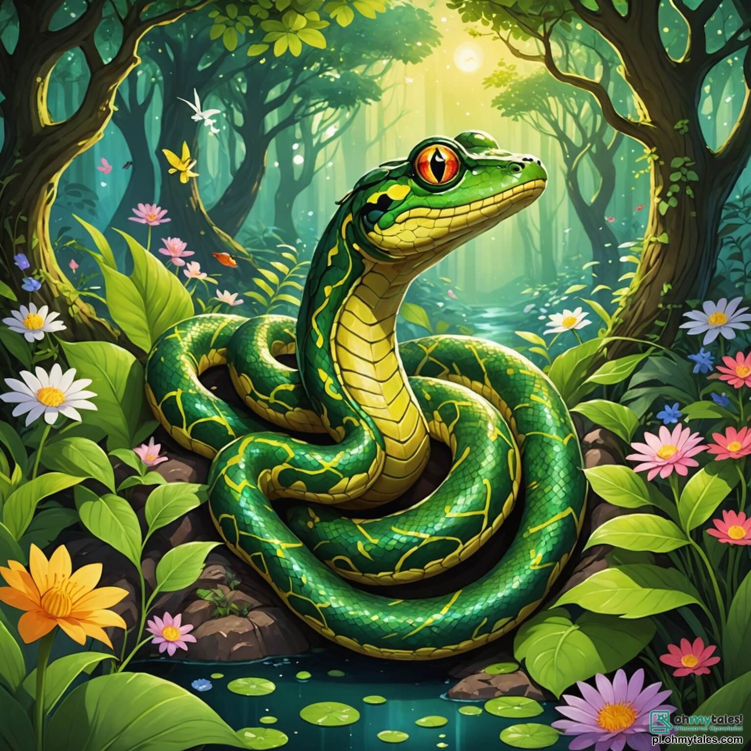 Une illustration destinée aux enfants représentant un serpent aux écailles scintillantes comme des étoiles, ondulant avec grâce à travers une forêt enchantée où les rayons du soleil filtrent à travers les feuilles verdoyantes, illuminant des fleurs multicolores qui dansent au rythme du vent, tandis que ce serpent rêve d'aventures au-delà de son habitat familier, croisant en chemin une grenouille espiègle aux yeux pétillants et des oiseaux aux plumes éclatantes qui chantent des mélodies joyeuses, tout cela se déroulant près d'une rivière étincelante, où l'eau claire murmure des secrets et où les reflets des nuages dansent sur la surface, créant un tableau vivant d'émerveillement et de curiosité.