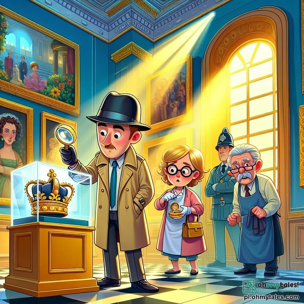 Une illustration sous forme de dessin destinée aux enfants représentant l'intérieur d'un musée lumineux et coloré, avec des murs ornés de tableaux et une vitrine en verre au centre, où un homme détective au chapeau noir et à la loupe à la main, aux cheveux bruns et portant un trench-coat beige, examine attentivement une couronne dorée, tandis qu'une femme d'âge moyen, avec des lunettes et un tablier, regarde avec inquiétude, et un homme âgé, en uniforme de gardien, se tient en arrière-plan, tous trois préoccupés par la disparition du trésor du musée, avec des rayons de lumière filtrant à travers une fenêtre ouverte, ajoutant une atmosphère de mystère à la scène.
