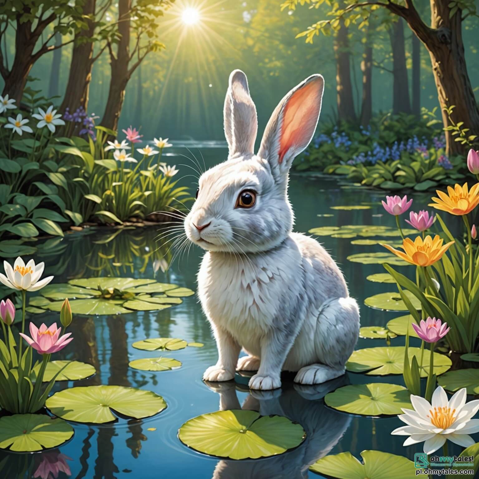 Une illustration destinée aux enfants représentant un petit lapin au pelage aussi blanc que la neige, aux grandes oreilles dressées et aux yeux pétillants de curiosité, se tenant au bord d'un étang scintillant au soleil, entouré de fleurs colorées qui dansent doucement au gré du vent, tandis qu'il écoute avec attention les sanglots d'une petite grenouille triste perchée sur une feuille de nénuphar, dans un forêt enchantée où les arbres majestueux, aux troncs noueux et aux feuillages luxuriants, créent un abri magique pour tous les animaux qui y vivent, et où chaque coin semble receler des secrets à découvrir.