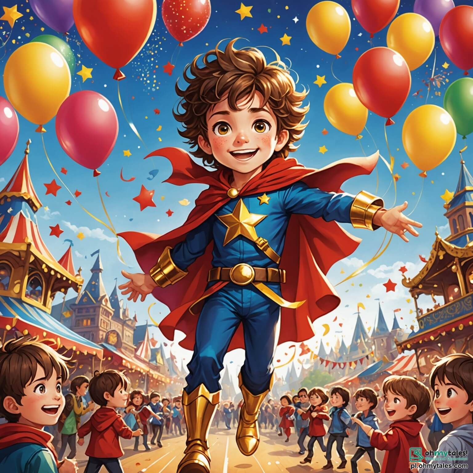 Une illustration destinée aux enfants représentant un petit garçon aux yeux pétillants et aux cheveux ébouriffés, vêtu d'un costume de super-héros flamboyant avec une peluche rouge et des étoiles dorées, se tenant joyeusement au milieu d'un carnaval animé où des ballons multicolores flottent dans l'air et des enfants rient et dansent autour de lui, tandis qu'une fillette déguisée en princesse scintillante et un petit garçon en pirate s'approchent pour l'inviter à participer à des jeux et des danses sous les guirlandes lumineuses qui décorent le parc, où les odeurs sucrées de la barbe à papa et des crêpes chaudes se mêlent à la musique entraînante qui résonne dans l'atmosphère festive.