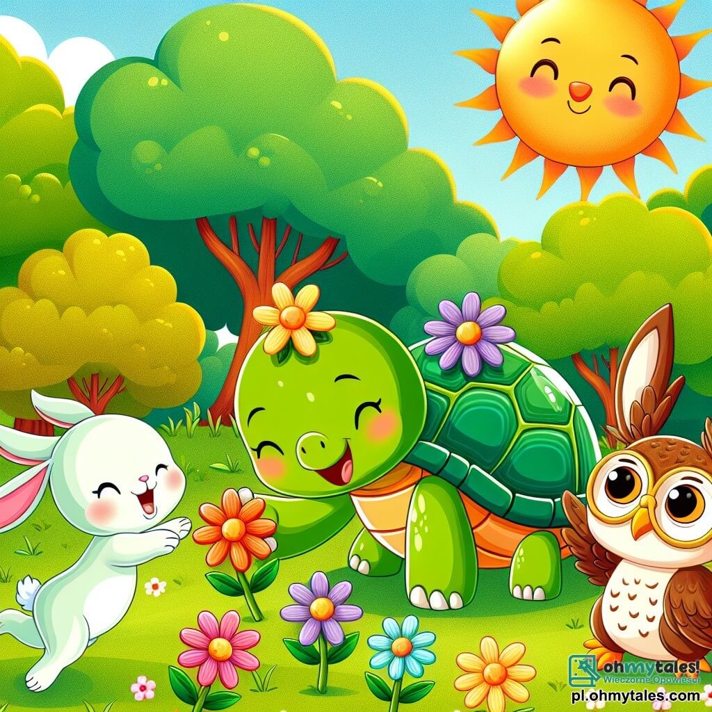 Une illustration sous forme de dessin destinée aux enfants représentant une scène ensoleillée dans une forêt colorée, où une tortue à la carapace verte brillante, joyeusement penchée en avant, ramasse des fleurs multicolores sur une pelouse verdoyante, tandis qu'un petit lapin aux grandes oreilles blanches saute autour d'elle, et une sage chouette aux plumes brunes les observe depuis une branche, le tout illustrant leur joyeuse quête de trésors naturels et d'amitié.