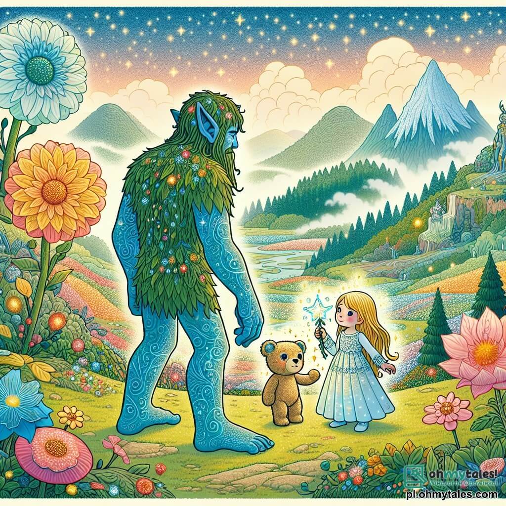Une illustration sous forme de dessin destinée aux enfants représentant une vaste et colorée vallée magique, parsemée de fleurs géantes et de collines verdoyantes, où un géant au teint bleu et à la peau recouverte de délicates écailles vertes se tient avec un air déterminé, protégeant une petite fille aux longs cheveux dorés, qui tient un éclatant Kwiat Odwagi dans ses mains, tandis qu'un mignon ours en peluche aux yeux brillants les accompagne, le tout dans une ambiance de courage et d'amitié, alors qu'ils se préparent à affronter un sorcier maléfique qui menace leur monde.