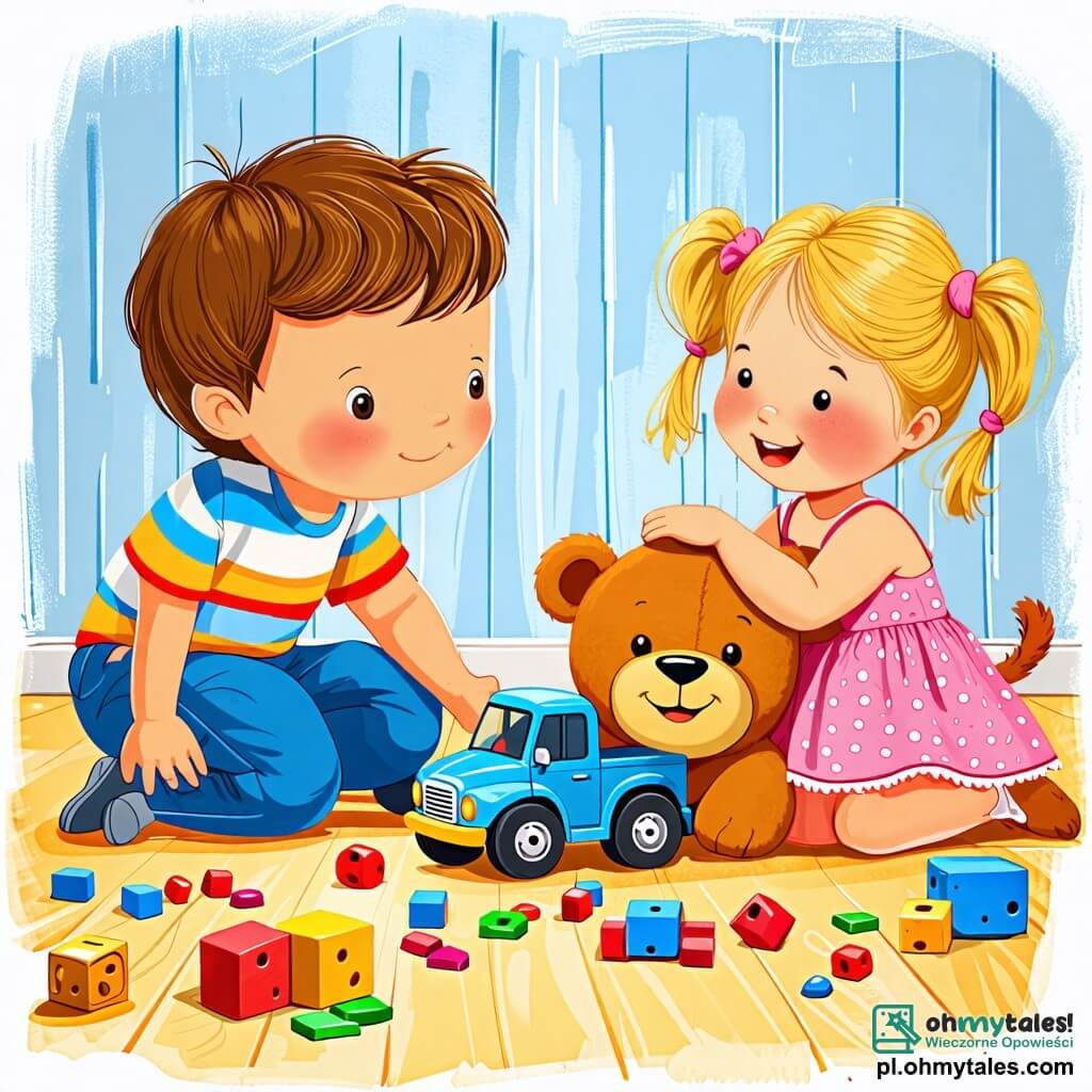 Une illustration sous forme de dessin destinée aux enfants représentant une chambre colorée avec des jouets éparpillés, où un garçon de 2 ans aux cheveux châtains et aux yeux pétillants, portant un t-shirt rayé et un pantalon bleu, cherche désespérément sa petite camionnette bleue sous une grande peluche, tandis qu'une fille de 2 ans aux cheveux blonds et aux couettes, vêtue d'une robe rose à pois, l'encourage avec un grand sourire, illustrant l'esprit d'enquête et d'amitié dans leur quête pour retrouver la précieuse jouet.