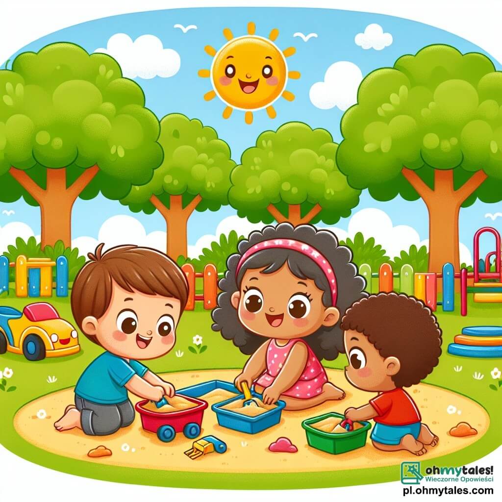 Une illustration sous forme de dessin destinée aux enfants représentant un joyeux parc ensoleillé avec des arbres verdoyants et une aire de jeux colorée, où une petite fille de 18 mois aux grands yeux brillants et aux cheveux bouclés joue dans le sable, entourée de deux amis : un garçon en t-shirt bleu qui l'aide à chercher une petite voiture rouge perdue, et une fille en robe rose qui fouille dans la pi sandbox, tous souriants et unis dans leur quête d'amitié et de partage.