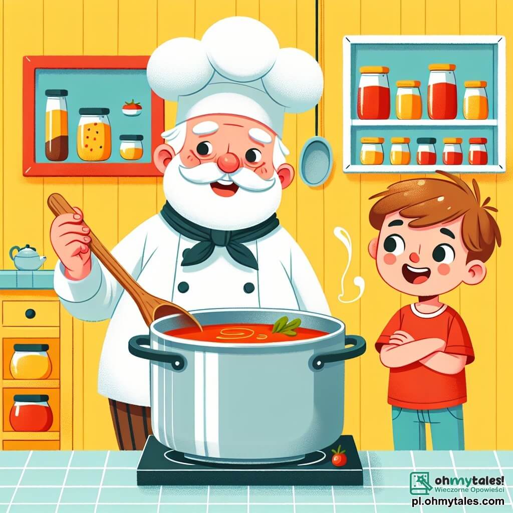 Une illustration sous forme de dessin destinée aux enfants représentant une cuisine lumineuse et colorée, avec des murs peints en jaune et des étagères remplies de bocaux d'épices, où un homme au grand chapeau de chef, avec une barbe blanche et un sourire chaleureux, est en train de mélanger une soupe dans une grande casserole, tandis qu'un garçon aux cheveux bruns et aux yeux pétillants, vêtu d'un t-shirt rouge, observe avec émerveillement et tient une cuillère en bois, capturant l'instant magique de leur collaboration culinaire pour préparer une délicieuse soupe tomate.