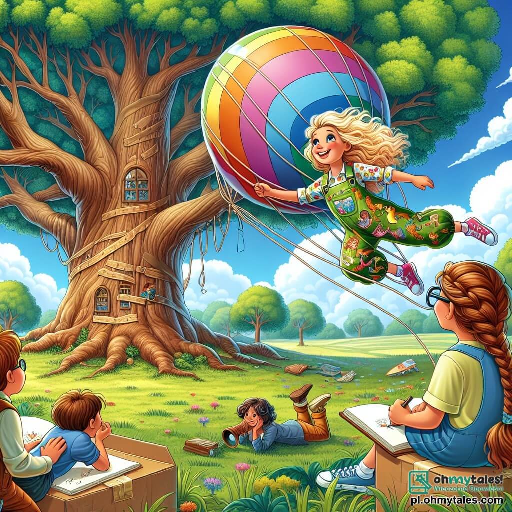 Ilustracja przedstawiająca duży zielony park z ogromnym, sękatym drzewem i rozłożystymi gałęziami, na których wisi kolorowy balon. U stóp drzewa siedzi 11-letnia dziewczynka z błyszczącymi blond włosami, jak promienie słońca, w latającym pojeździe zrobionym z kartonów i balonów, z szerokim uśmiechem na twarzy. Ma na sobie kolorowy kombinezon ozdobiony rysunkami zwierząt i mocno trzyma sznur w kierunku balonu. W pobliżu znajdują się dwaj przyjaciele: chłopiec w wieku około 11 lat z rozczochranymi brązowymi włosami i okularami, który z podziwem patrzy na dziewczynkę, oraz dziewczynka w wieku około 10 lat z brązowymi warkoczami, trzymająca szkicownik i z entuzjazmem rysująca scenę. Główna sytuacja ukazuje dziewczynkę gotową do wzlotu w kierunku balonu, otoczoną atmosferą ekscytacji i determinacji, z puszystymi chmurami na błękitnym niebie i ptakami krążącymi wokół nich.