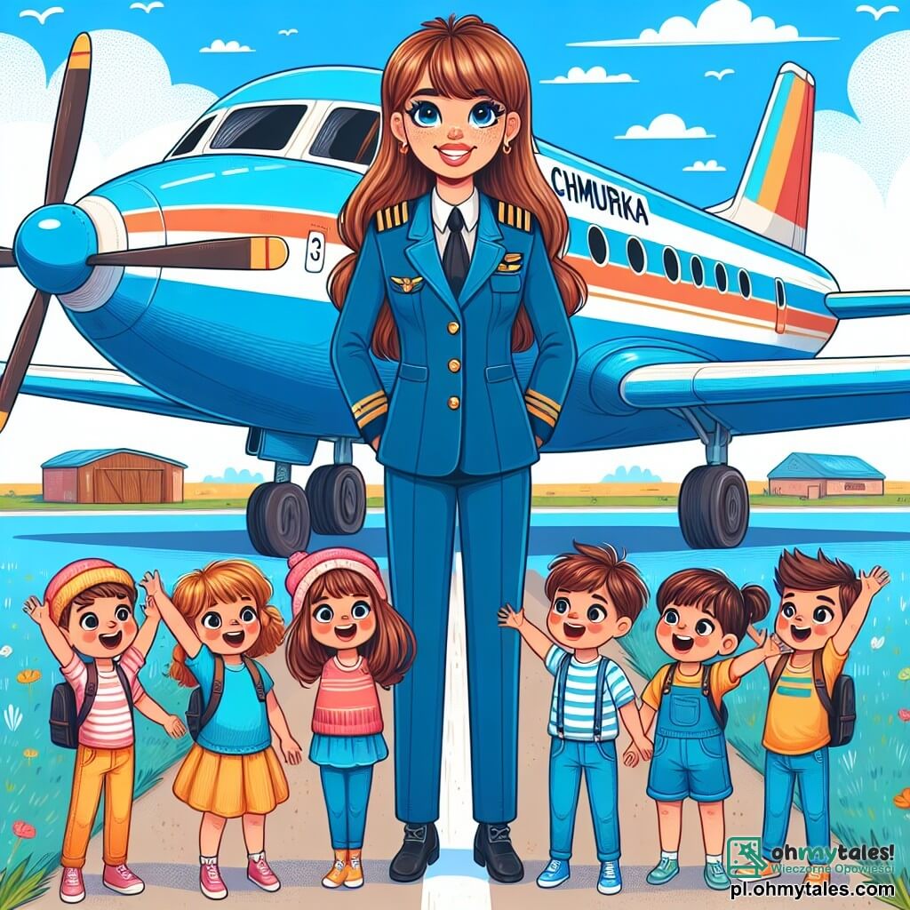 Une illustration sous forme de dessin destinée aux enfants représentant un ciel bleu éclatant au-dessus d'un petit aéroport, avec une femme pilote souriante aux longs cheveux bruns, vêtue d'un uniforme bleu avec des rayures blanches, debout à côté de son grand avion coloré nommé Chmurka, tandis que six enfants, trois garçons et trois filles, aux visages joyeux et émerveillés, se tiennent autour d'elle, levant les bras en signe de joie, prêts à embarquer pour une aventure dans les nuages.
