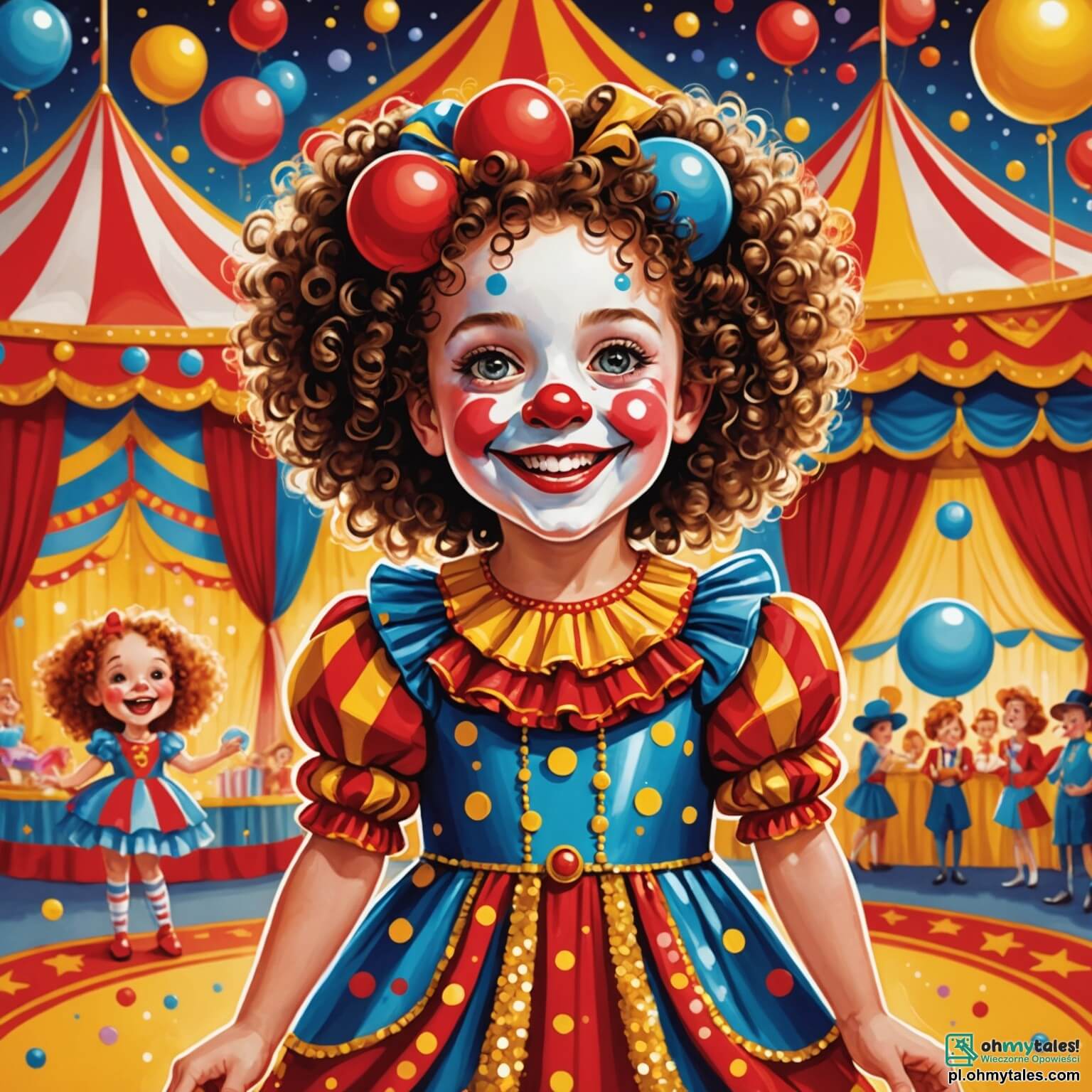 Une illustration destinée aux enfants représentant une petite fille aux cheveux bouclés et aux yeux pétillants, vêtue d'une robe colorée ornée de paillettes scintillantes, se tenant avec émerveillement devant un grand cirque flamboyant, où des lumières vives dansent sur des tentes rayées de rouge et de jaune, tandis qu'un clown joyeux, avec un nez rouge et un sourire éclatant, jongle avec des balles multicolores à ses pieds, et un funambule élancé, habillé d'un costume bleu étincelant, s'élance avec grâce sur une corde tendue, créant une atmosphère magique et pleine de rires, alors que la petite fille rêve de devenir une acrobate audacieuse, prête à réaliser des exploits incroyables sous le chapiteau.