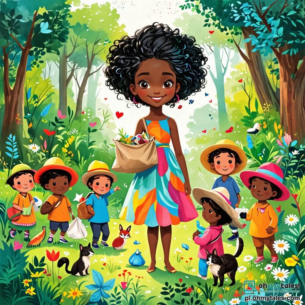 Une illustration sous forme de dessin destinée aux enfants représentant une clairière enchantée au cœur d'une forêt verdoyante, où une jeune femme à la peau blanche comme la neige et aux cheveux noirs comme l'ébène, vêtue d'une robe colorée, sourit joyeusement en tenant un sac en toile rempli de déchets, tandis qu'autour d'elle, sept petits hommes aux visages ronds et aux chapeaux colorés s'affairent à ramasser des ordures, tous unis dans un effort collectif pour nettoyer leur forêt magique, avec des animaux curieux les observant depuis les buissons fleuris.