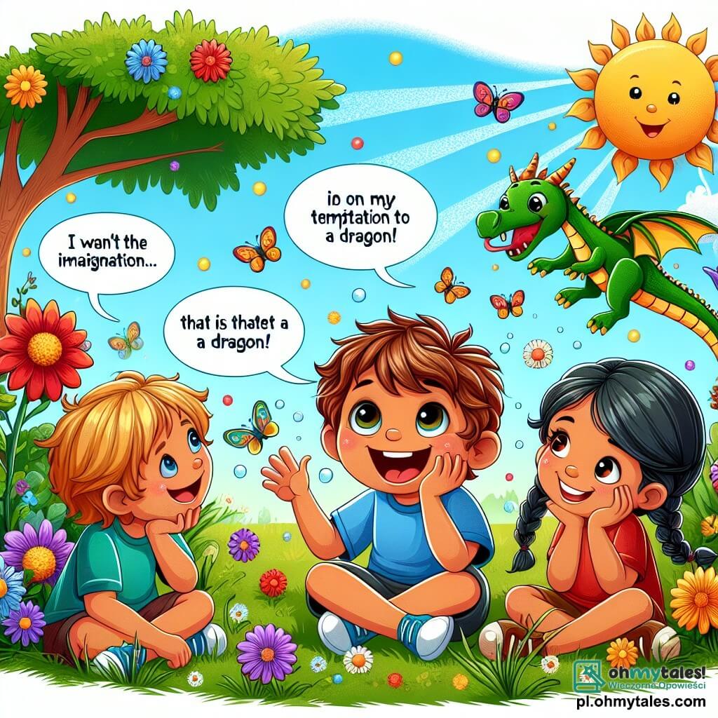 Une illustration sous forme de dessin destinée aux enfants représentant une scène ensoleillée dans un jardin verdoyant, où un garçon de 5 ans aux cheveux bruns en bataille et aux yeux pétillants, assis sur l'herbe, raconte avec enthousiasme à ses deux amis, une fille aux cheveux blonds tressés et un garçon aux cheveux noirs, qu'il a rencontré un dragon, tandis que des fleurs colorées et des papillons virevoltent autour d'eux, illustrant l'imagination débordante et l'innocence de l'enfance face à la tentation du mensonge.