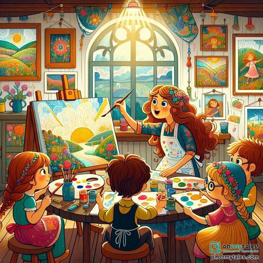 Une illustration sous forme de dessin destinée aux enfants représentant une charmante et colorée atelier d'artiste, avec des murs couverts de tableaux vibrants, où une femme aux cheveux longs et bouclés, vêtue d'un tablier éclaboussé de peinture, est assise à une table en bois, peignant avec passion un paysage enchanteur, tandis qu'un groupe de trois enfants, deux filles aux cheveux tressés et un garçon aux lunettes, l'observe avec émerveillement, tenant chacun un pinceau et une toile, prêts à créer leurs propres œuvres d'art sous les doux rayons du soleil filtrant à travers une fenêtre.