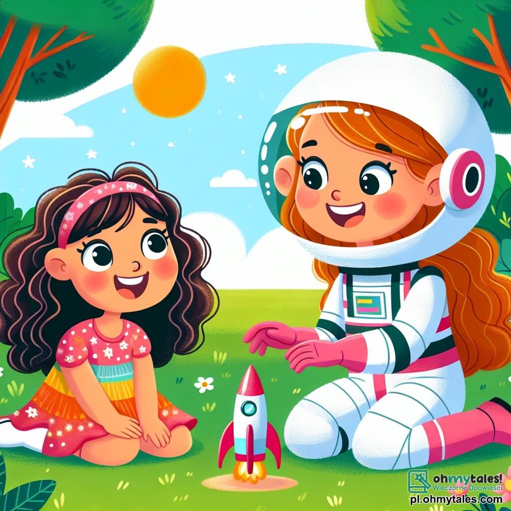 Une illustration sous forme de dessin destinée aux enfants représentant un parc ensoleillé avec des arbres verdoyants et un ciel bleu, où une jeune fille aux longs cheveux bouclés et portant une robe colorée est assise sur l'herbe, émerveillée, tandis qu'une astronaute en combinaison spatiale brillante, avec un grand sourire et un casque, lui montre une maquette de fusée qu'elles viennent de construire ensemble, symbolisant leur rêve d'explorer l'espace et de devenir astronautes.