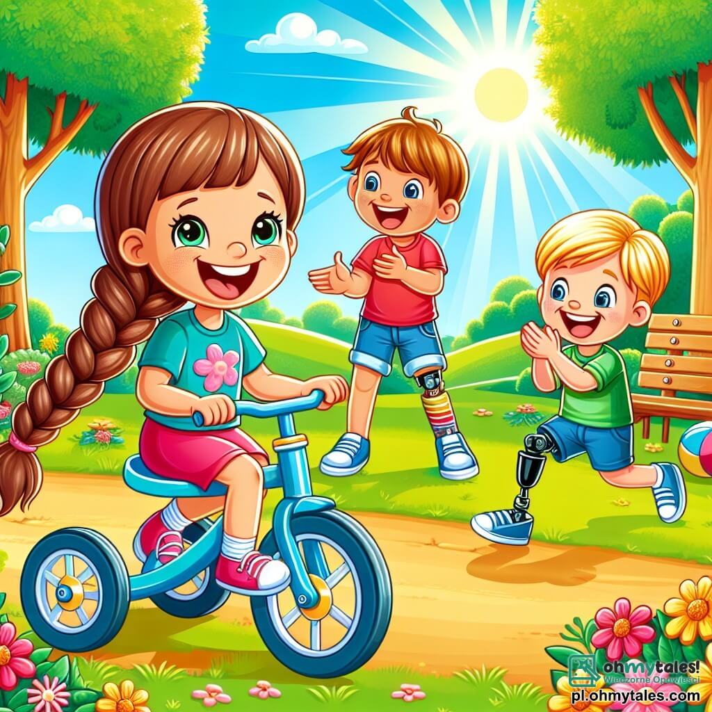Une illustration sous forme de dessin destinée aux enfants représentant un parc ensoleillé de Słodkowice, avec des arbres verdoyants et des fleurs colorées, où une fille de 7 ans aux longs cheveux bruns tressés, souriante et pleine d'énergie, pédale joyeusement sur son tricycle, tandis qu'un garçon de 8 ans aux cheveux blonds et un autre garçon de 7 ans avec une prothèse à la jambe, tous deux riant et applaudissant, participent à un jeu de ballon, illustrant la joie de l'amitié et l'inclusion malgré les différences.