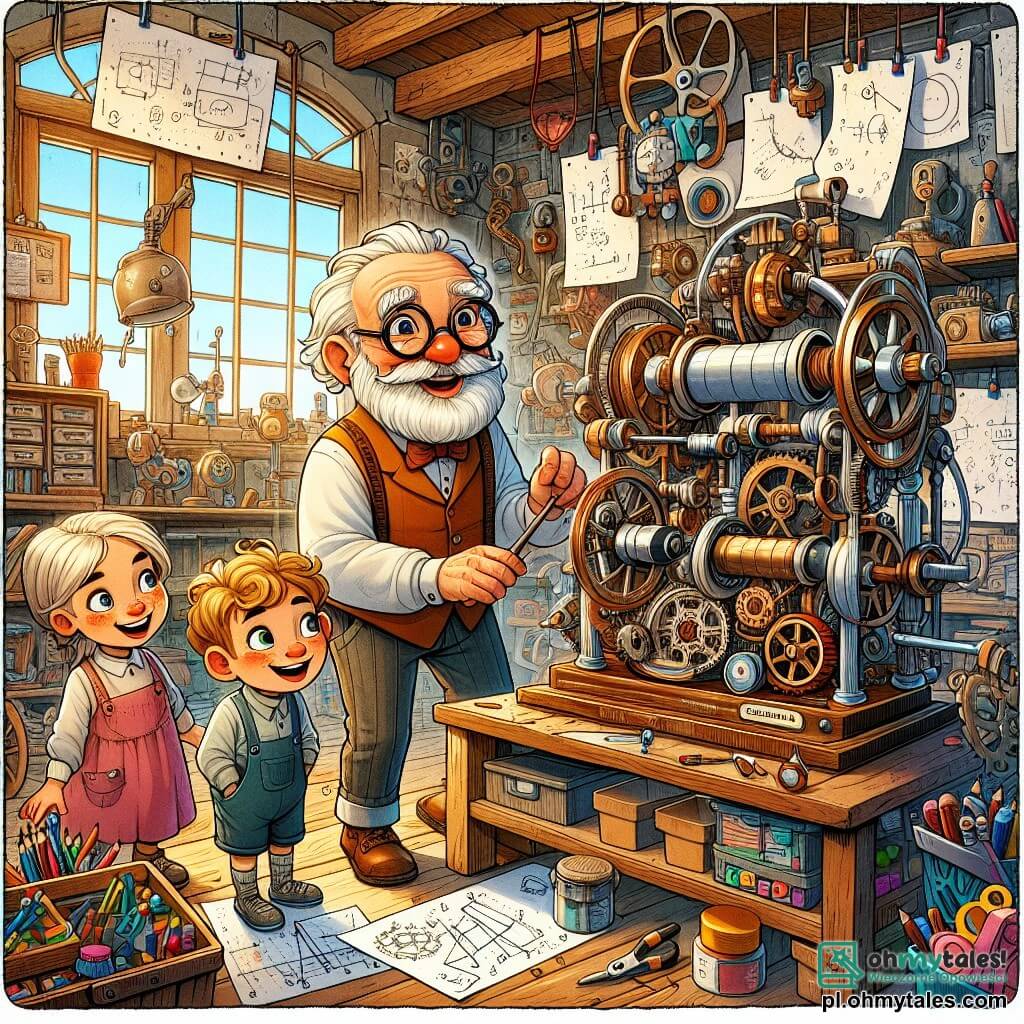 Une illustration sous forme de dessin destinée aux enfants représentant une charmante et colorée atelier de bricolage rempli de machines étranges et d'outils, où un homme âgé à la barbe blanche et aux lunettes rondes, vêtu d'une blouse de travail, sourit joyeusement en montrant une grande machine à l'allure ludique, tandis qu'une fille aux cheveux blonds courts et un garçon aux cheveux bruns bouclés, tous deux émerveillés, observent attentivement le fonctionnement de l'invention qui aide à apprendre les mathématiques, entourés de papiers griffonnés et de gadgets colorés.