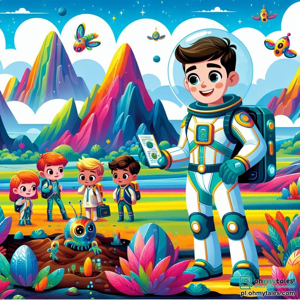 Une illustration sous forme de dessin destinée aux enfants représentant un paysage coloré de la planète Zorax, avec des montagnes majestueuses et des plantes aux teintes vives, où un homme aux cheveux bruns et au sourire chaleureux, vêtu d'une combinaison spatiale brillante, examine des échantillons de sol à l'aide d'un petit robot amical à ses côtés, tandis qu'un groupe de jeunes garçons et filles aux yeux pétillants et aux vêtements futuristes s'émerveille devant des créatures étranges aux ailes multicolores, capturant l'excitation et la découverte d'une nouvelle aventure spatiale.