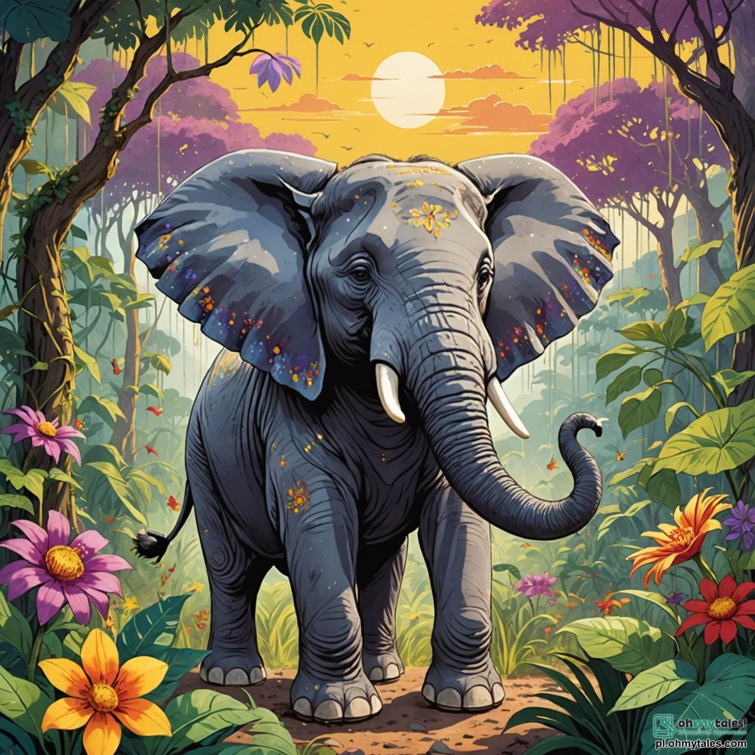 Une illustration destinée aux enfants représentant un éléphant majestueux, aux grandes oreilles tombantes et à la peau grise parsemée de taches de boue scintillantes sous le soleil éclatant, se tenant fièrement au milieu d'une densa jungle luxuriante, où les lianes s'entrelacent comme des serpents et où les fleurs colorées, éclatantes de rouge, de jaune et de violet, dansent au rythme du vent, tandis qu'il rêve d'une aventure palpitante pour rencontrer un sage ancien, entouré de ses fidèles amis, une petite grenouille espiègle et une vive écureuil, tous impatients d'explorer les mystères cachés de cette forêt enchantée, où les chants des oiseaux résonnent comme une mélodie douce et apaisante.