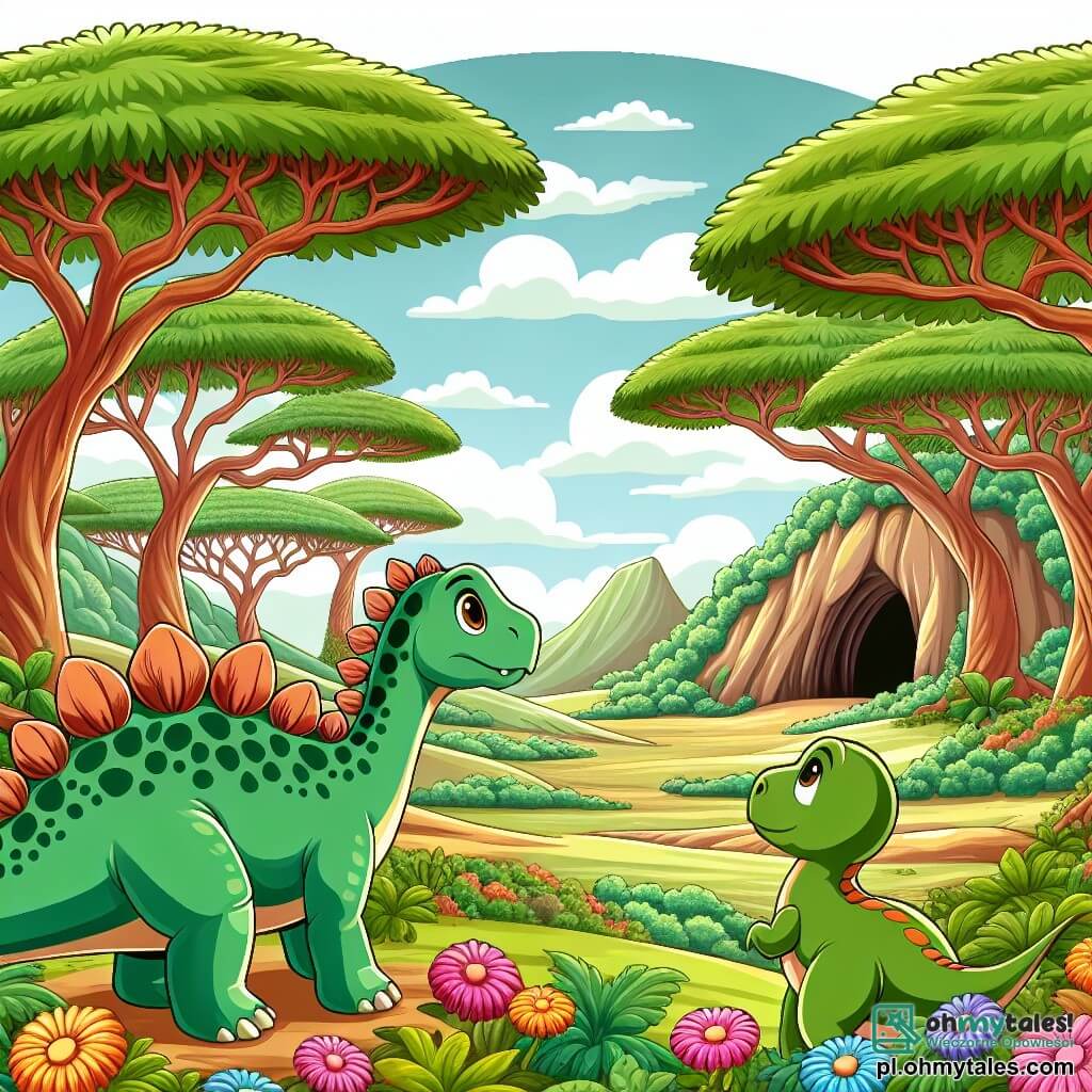 Une illustration sous forme de dessin destinée aux enfants représentant une vaste vallée préhistorique, avec des arbres géants aux feuilles luxuriantes et des fleurs colorées, où un stégosaure aux écailles vertes et aux grandes plaques sur le dos se tient courageusement aux côtés d'un petit dinosaure à long cou, tous deux observant une mystérieuse grotte au loin, symbolisant leur quête d'aventure et de sagesse dans un monde rempli de merveilles et de défis.