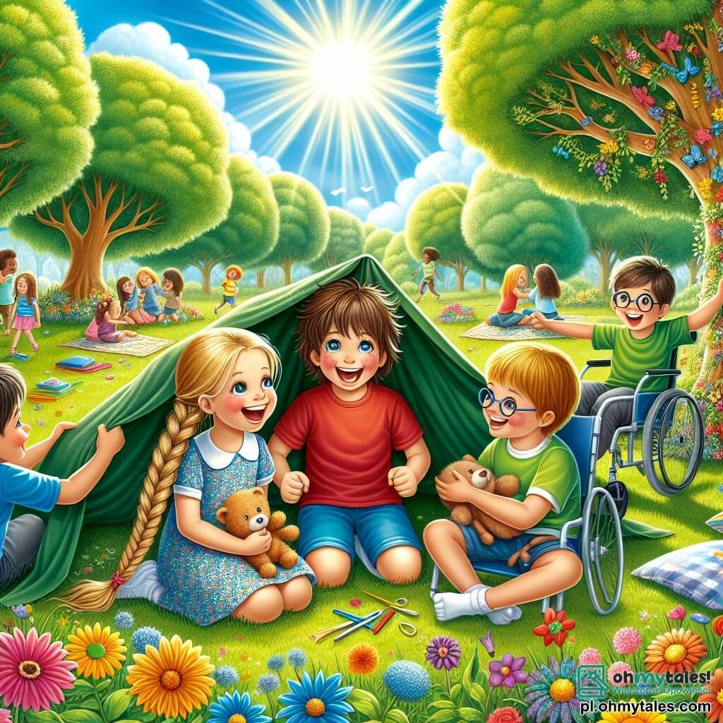 Ilustracja przedstawiająca słoneczny park, wypełniony bujną zielenią i kolorowymi kwiatami. W centrum grupa dzieci bawi się radośnie na zielonej trawie, otoczona majestatycznymi drzewami i jasnoniebieskim niebem. Wśród nich jest ośmioletni chłopiec z rozczochranymi brązowymi włosami, ubrany w czerwoną koszulkę i niebieskie szorty, który głośno się śmieje, budując z fortu z poduszek i koców. Obok niego stoi ośmioletnia dziewczynka z długimi warkoczami blond włosów, ubrana w kwiecistą sukienkę, uśmiechając się, trzymając pluszowego misia. Inny chłopiec, dziewięcioletni, na wózku inwalidzkim, w okularach i zielonej koszulce, proponuje kreatywne pomysły na fort, z szerokim uśmiechem na twarzy. Scena uchwyca moment przyjaźni i kreatywności, gdzie dzieci jednoczą się, aby stworzyć własną przestrzeń do zabawy, symbolizując znaczenie przyjaźni i zabawy na świeżym powietrzu, z dala od ekranów. W tle kolorowe balony unoszą się w powietrzu, a kosz piknikowy leży na trawie, dodając radości temu pięknemu letniemu dniu.