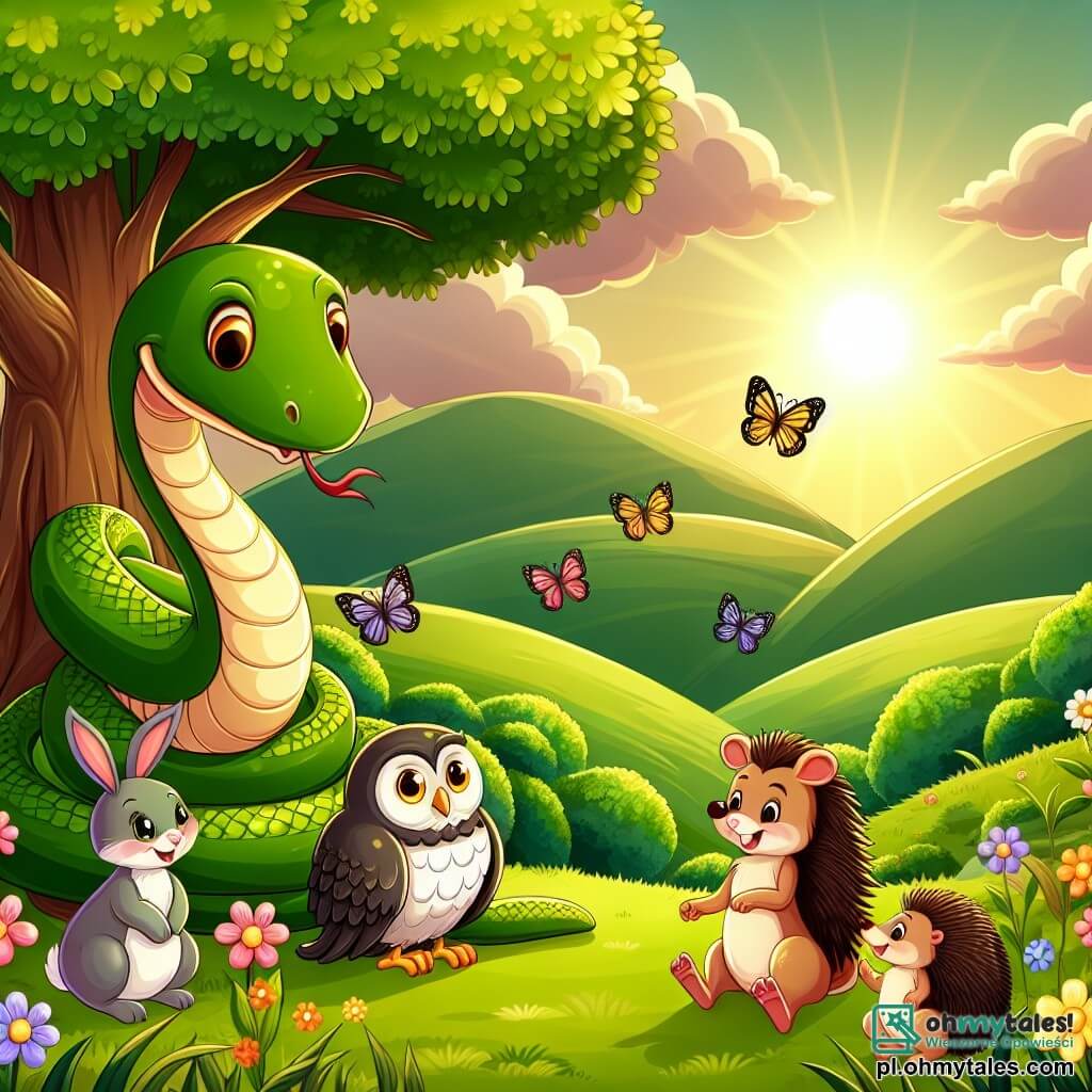 Une illustration sous forme de dessin destinée aux enfants représentant une magnifique vallée verdoyante baignée par la lumière dorée du soleil, où un serpent aux écailles brillantes de couleur olive se tient enroulé autour d'un grand chêne, racontant une histoire captivante à ses amis : une sage chouette aux plumes douces, un petit lapin aux grandes oreilles sautillant joyeusement, et un courageux hérisson aux piquants hérissés, tous attentifs et émerveillés par les aventures du serpent, tandis que des fleurs colorées et des papillons dansent autour d'eux, créant une atmosphère magique et amicale.