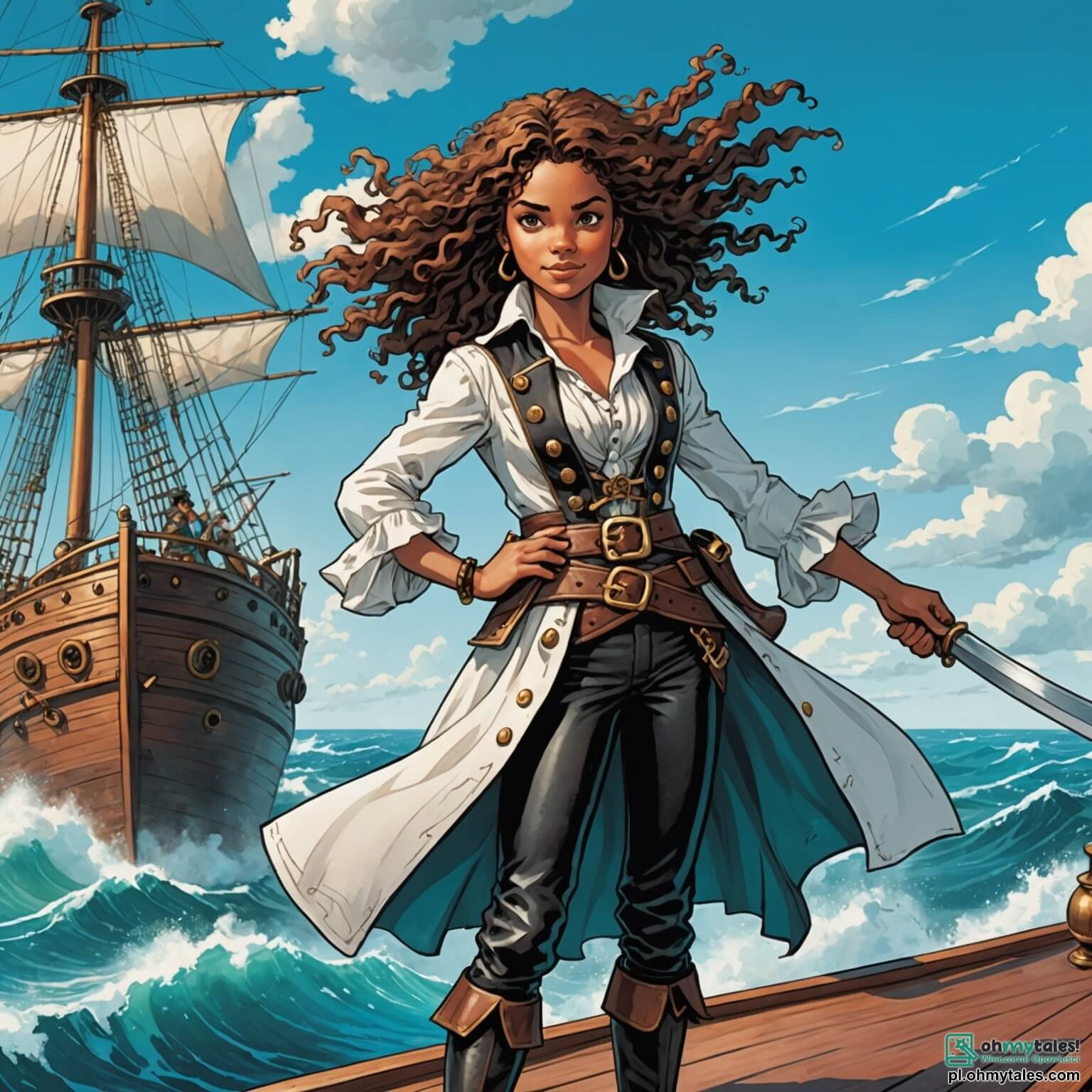 Une illustration destinée aux enfants représentant une courageuse femme pirate aux cheveux bouclés, vêtue d'une chemise blanche flottante et d'un long manteau en cuir, se tenant fièrement sur le pont de son majestueux navire, "Złota Głowa", qui fend les vagues scintillantes d'un océan turquoise sous un ciel azur parsemé de nuages cotonneux, tandis qu'elle s'apprête à mener son intrépide équipage, composé d'un jeune garçon aux yeux pétillants d'excitation et d'un vieux marin au visage buriné par les tempêtes, à la recherche d'un trésor légendaire caché sur l'île mystérieuse de Złota Muszla, où des palmiers majestueux se balancent doucement au gré du vent et où des plages de sable doré s'étendent à perte de vue, promettant des aventures palpitantes et des découvertes inoubliables.