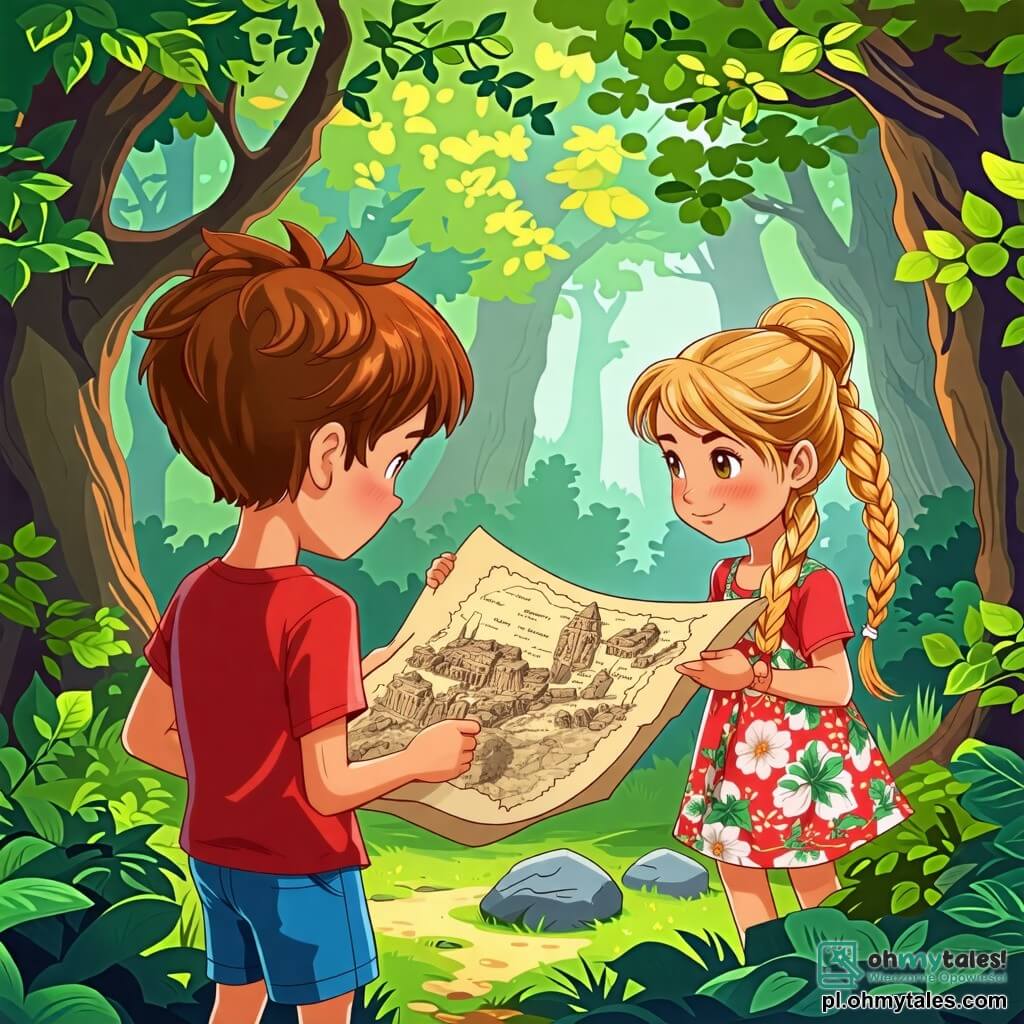 Une illustration sous forme de dessin destinée aux enfants représentant une forêt enchantée, avec des arbres majestueux aux feuilles vertes éclatantes, où un garçon de 10 ans aux cheveux châtains et aux yeux pétillants, vêtu d'un t-shirt rouge et d'un short bleu, examine attentivement une vieille carte, tandis que son ami, une fille aux cheveux blonds et tressés, portant une robe à fleurs, l'observe avec curiosité, tous deux découvrant un ancien cercle de pierres mystérieux, symbole de leur quête pour résoudre la disparition d'objets dans leur village.