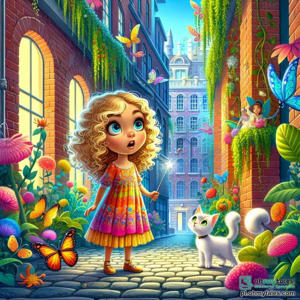 Une illustration sous forme de dessin destinée aux enfants représentant une petite rue cachée dans une ville moderne, avec des bâtiments en briques et des plantes colorées qui poussent le long des pavés, où une fille de 7 ans aux cheveux bouclés couleur miel, vêtue d'une robe colorée, tient une baguette magique scintillante tout en regardant avec émerveillement des créatures féeriques aux ailes de papillon qui dansent autour d'elle, tandis qu'un petit chat blanc aux yeux brillants, perché sur son épaule, semble prêt à l'accompagner dans une aventure magique à la recherche d'un trésor caché.