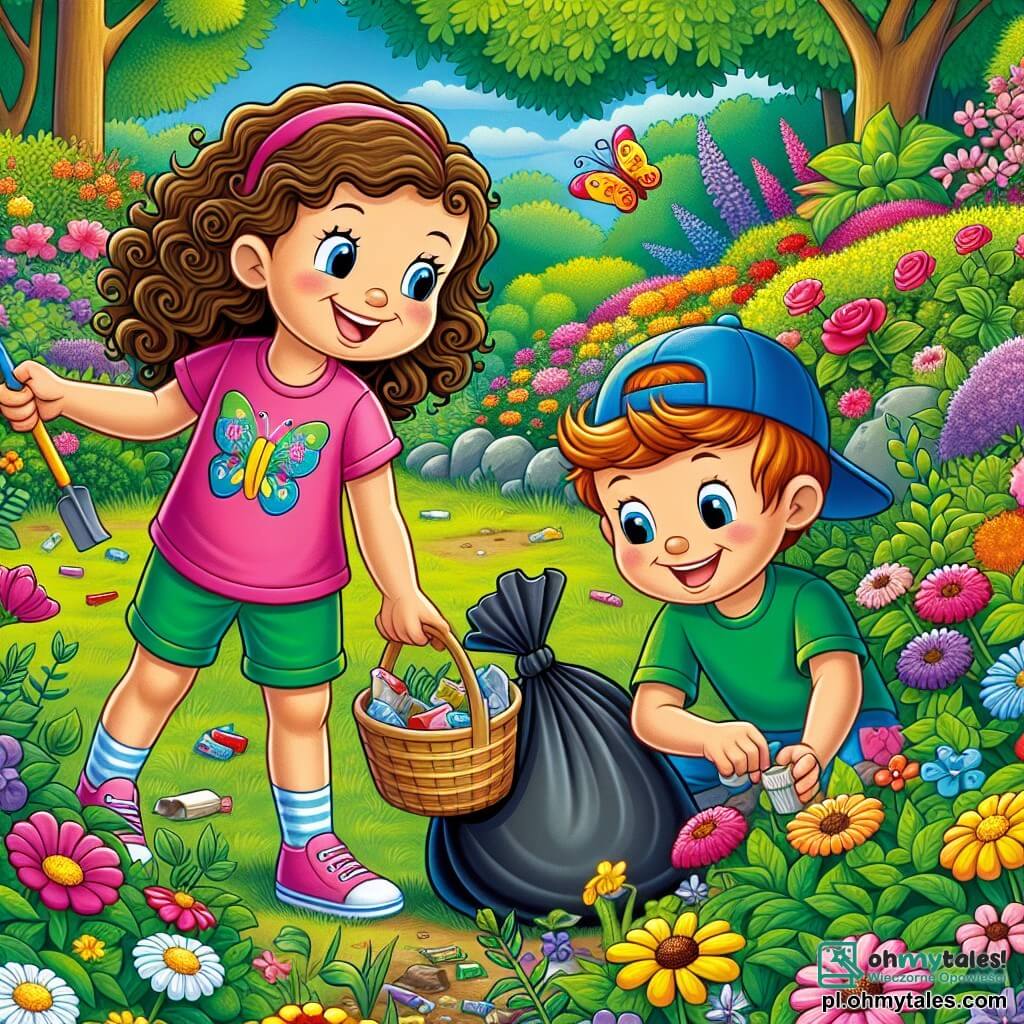 Une illustration sous forme de dessin destinée aux enfants représentant un jardin coloré rempli de fleurs éclatantes et de verdure luxuriante, où une petite fille de 5 ans aux cheveux bruns et bouclés, vêtue de spodenki verts et d'un t-shirt rose avec un motif de papillon, est accroupie en train de ramasser des déchets avec un petit panier, tandis qu'un garçon de 5 ans aux cheveux roux et portant une casquette bleue l'aide en tenant un sac à ordures, illustrant leur engagement joyeux pour protéger l'environnement et prendre soin de la nature.