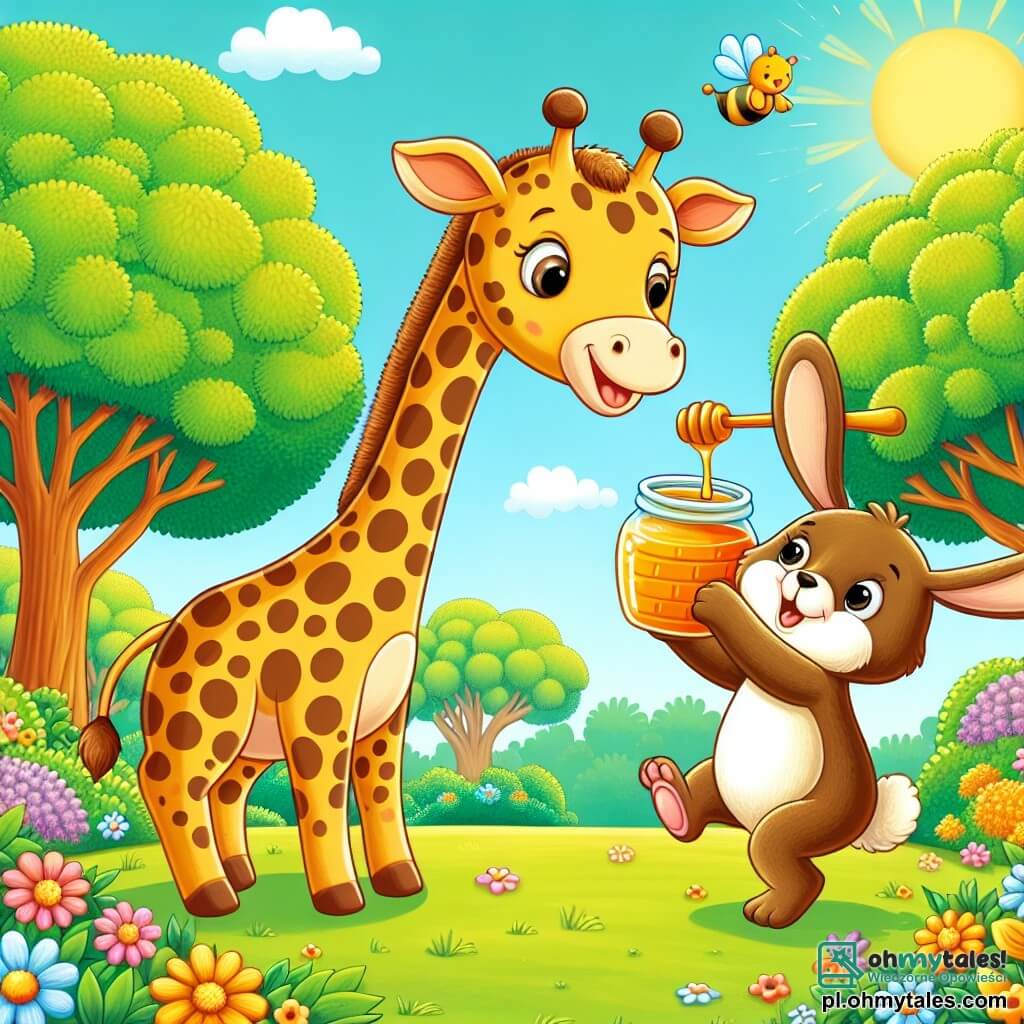 Une illustration sous forme de dessin destinée aux enfants représentant un parc ensoleillé avec des arbres verdoyants et des fleurs colorées, où se trouve une girafe au long cou et à la tête ornée de taches brunes, qui sourit joyeusement en essayant d'atteindre un słoik de miel tenu par un petit ours brun aux yeux pétillants, tandis qu'un petit lapin aux grandes oreilles et à la fourrure blanche les observe en sautillant, tous ensemble partageant un moment de bonheur et d'amitié autour d'une délicieuse collation.