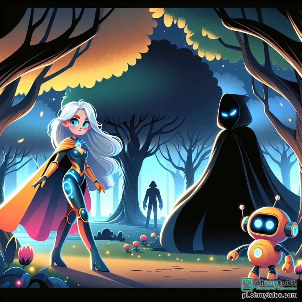 Une illustration sous forme de dessin destinée aux enfants représentant un parc féerique avec des arbres aux feuilles lumineuses, où une super-héroïne aux longs cheveux argentés et aux yeux bleu éclatant, vêtue d'un costume coloré qui brille selon ses émotions, se tient prête à combattre un mystérieux homme en noir, dont le visage est caché par une ombre menaçante, tandis qu'un robot amical aux formes arrondies et aux yeux scintillants analyse la situation à ses côtés, le tout dans une atmosphère de tension et de magie, alors qu'ils s'apprêtent à affronter les ombres menaçantes qui les entourent.