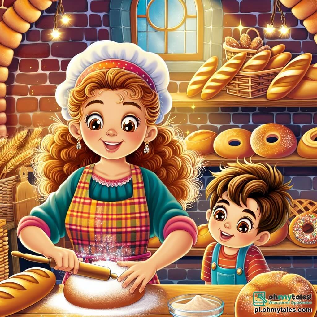 Une illustration destinée aux enfants représentant une femme joyeuse aux cheveux bouclés, vêtue d'un tablier coloré, pétrissant de la pâte dans une boulangerie chaleureuse aux murs en briques rouges, où des étagères débordent de pains dorés et de pâtisseries scintillantes, tandis qu'un garçon curieux aux yeux pétillants observe avec émerveillement, impatient d'apprendre les secrets de la magie de la boulangerie.