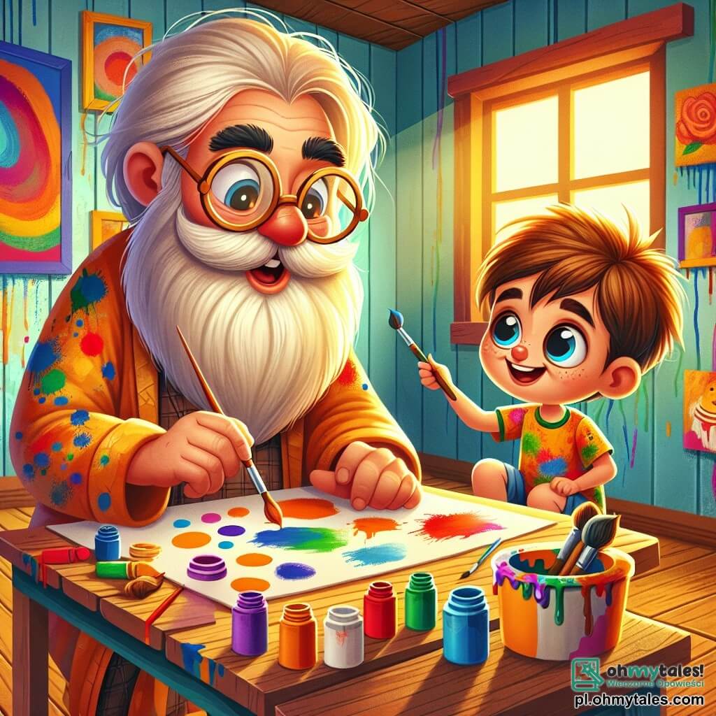 Une illustration sous forme de dessin destinée aux enfants représentant un atelier d'artiste coloré avec des murs couverts de tableaux vibrants, où un homme à la longue barbe blanche et aux lunettes rondes, vêtu d'une blouse éclaboussée de peinture, est assis à une table en bois, peignant avec passion sur un morceau de tissu, tandis qu'un garçon aux cheveux bruns et aux yeux pétillants, vêtu d'un t-shirt coloré, l'observe avec émerveillement, tenant un pinceau dans une main et un pot de peinture dans l'autre, le tout baigné dans une lumière chaleureuse qui met en valeur l'atmosphère joyeuse et créative de leur collaboration artistique.